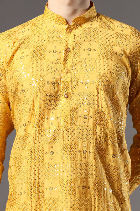 Kiya Silk Sequin Embroidered Yellow Kurta for Men – haldi function kurta for men with sequin detailing by Crease India