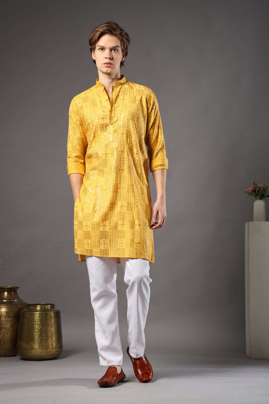 Kiya Silk Sequin Embroidered Yellow Kurta for Men – haldi function kurta for men with sequin detailing by Crease India