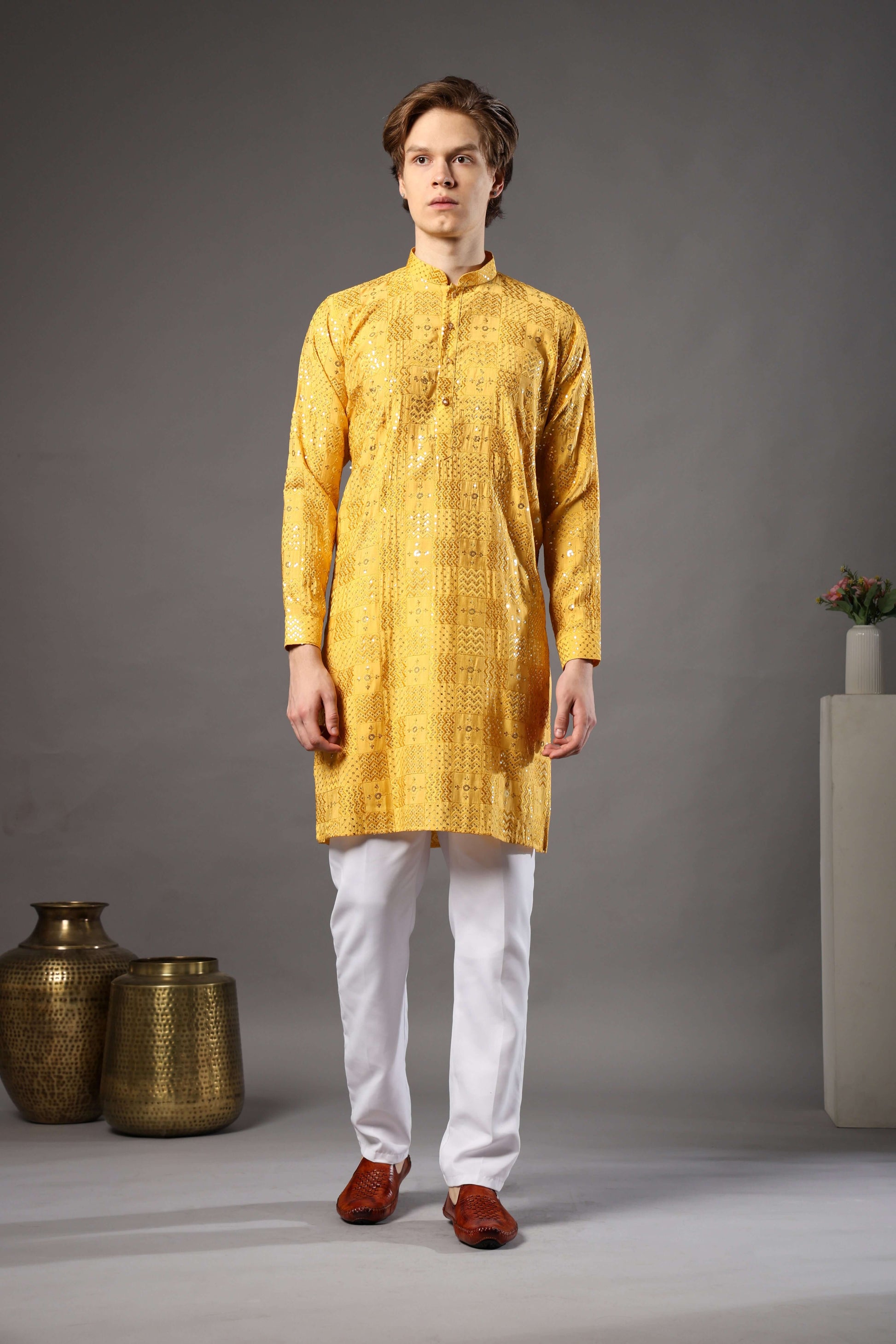 Kiya Silk Sequin Embroidered Yellow Kurta for Men – haldi function kurta for men with sequin detailing by Crease India