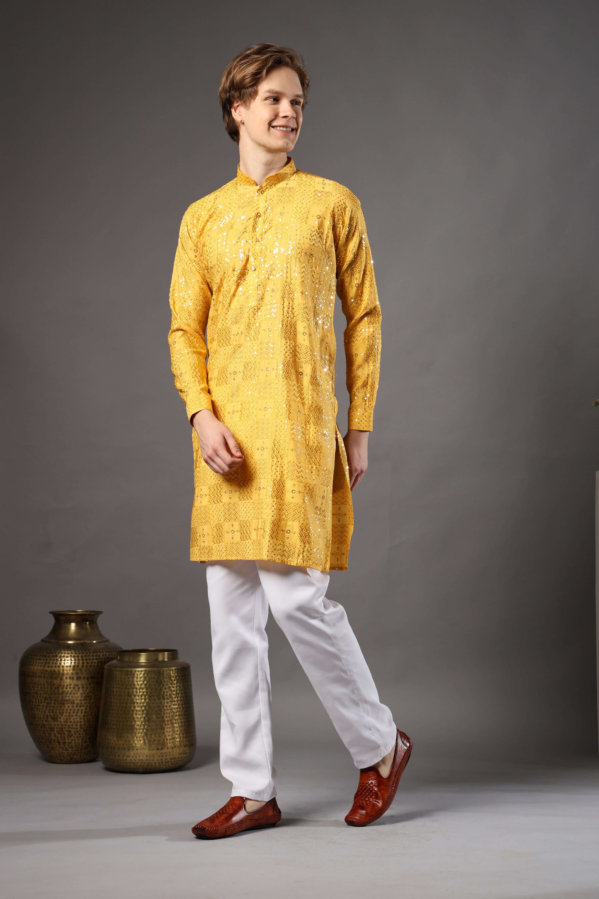 Kiya Silk Sequin Embroidered Yellow Kurta for Men – haldi function kurta for men with sequin detailing by Crease India