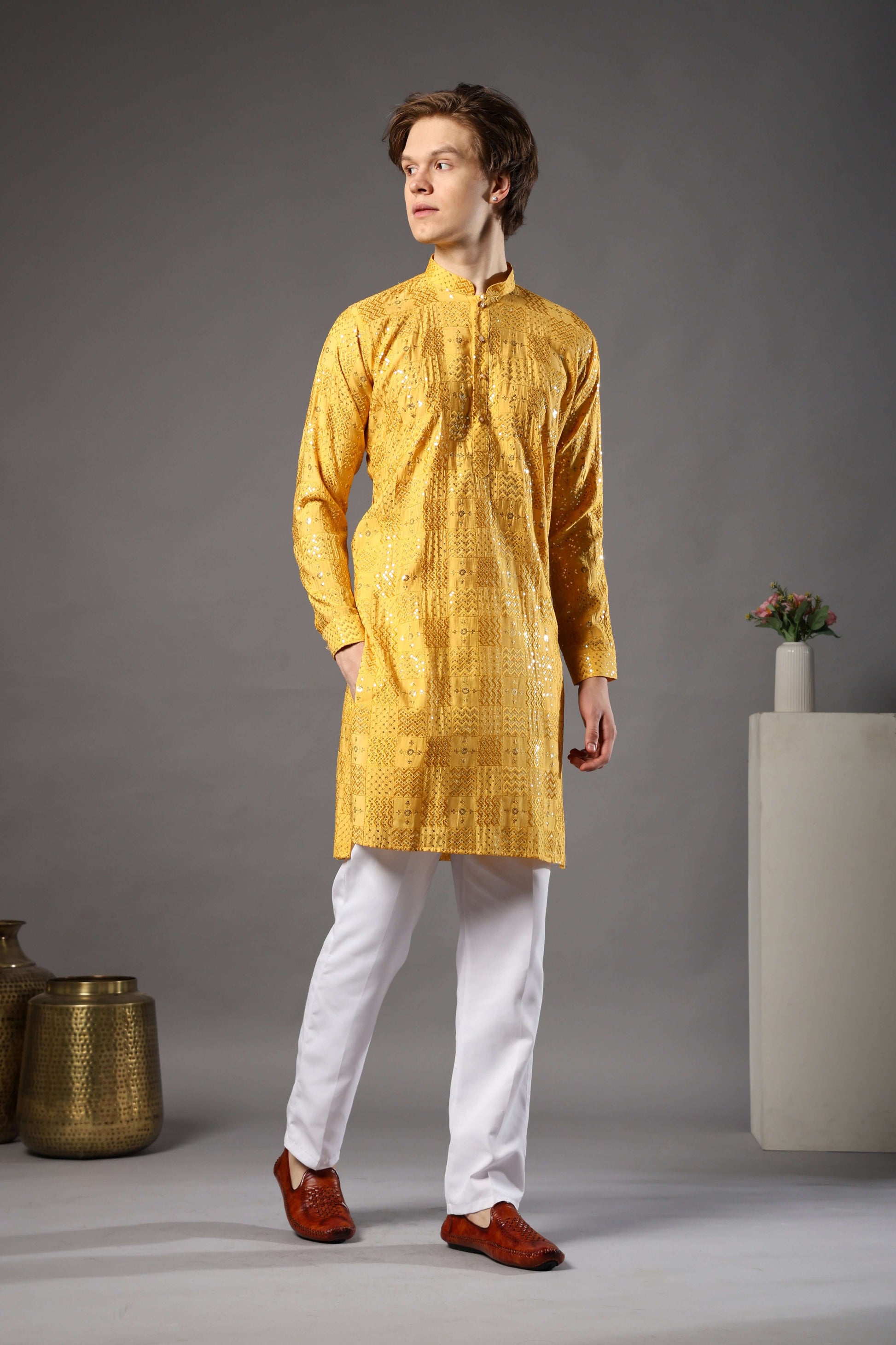 Kiya Silk Sequin Embroidered Yellow Kurta for Men – haldi function kurta for men with sequin detailing by Crease India