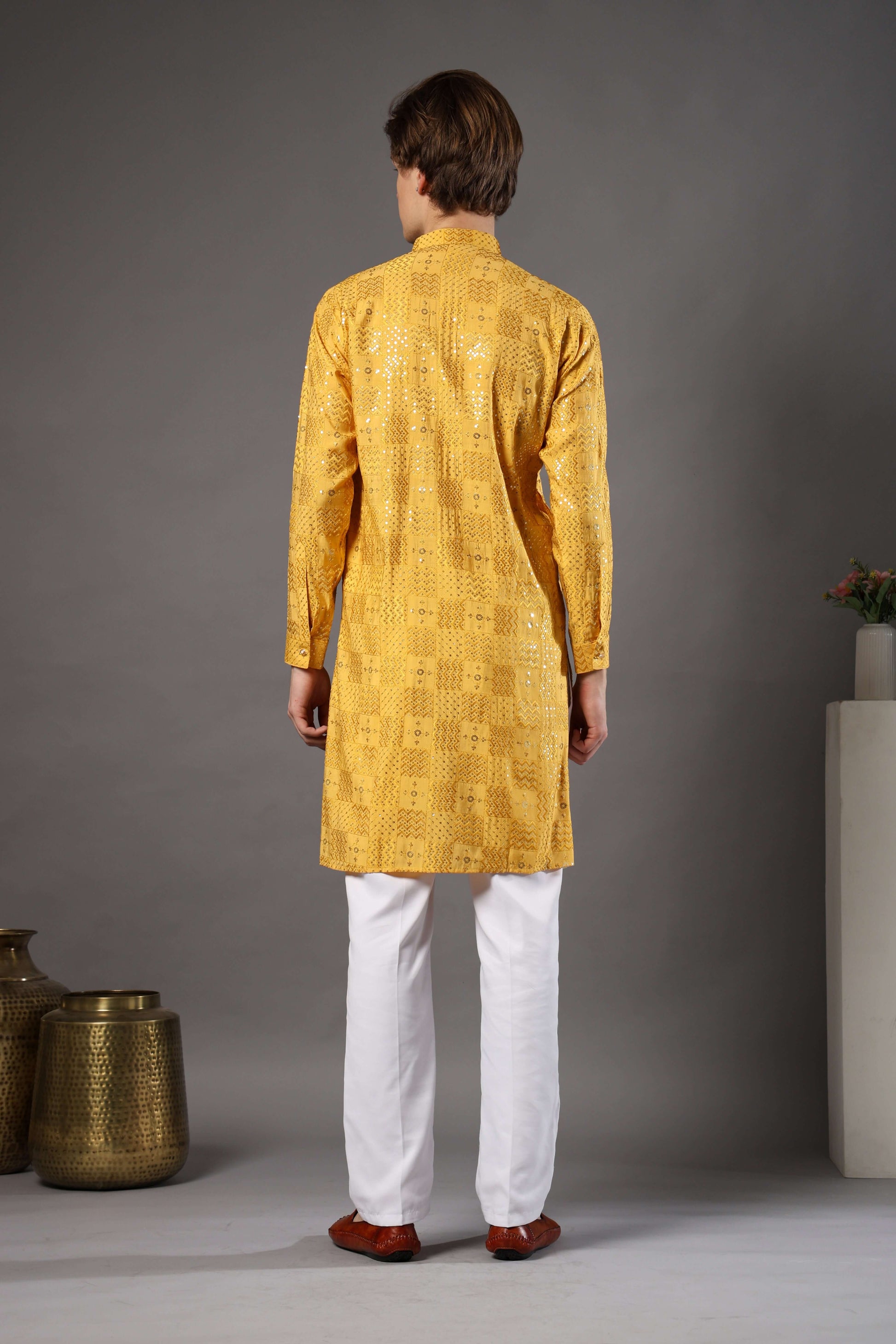 Kiya Silk Sequin Embroidered Yellow Kurta for Men – haldi function kurta for men with sequin detailing by Crease India