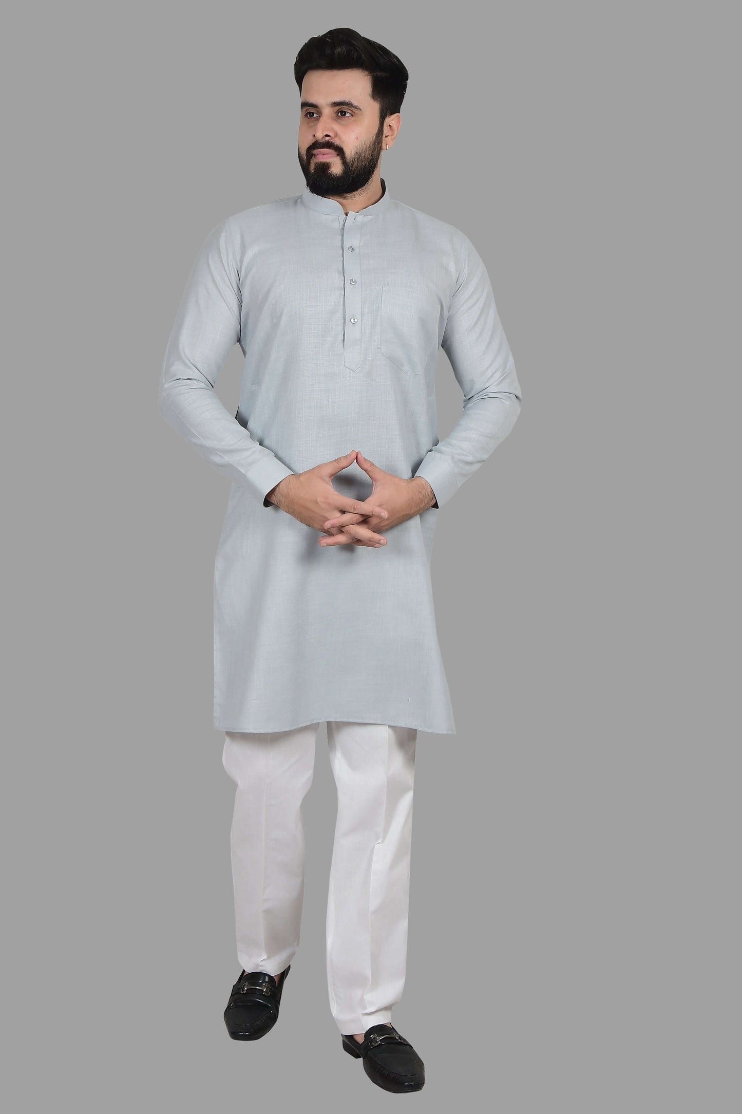 Solid Grey Plain kurta for Men which is made up of premium cotton is perfect for daily wear and wedding functions. Shop this solid grey plain wedding cotton kurta for male from Crease India website.