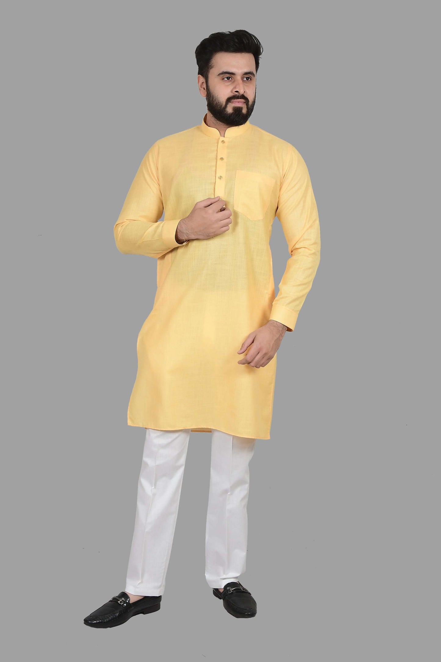 Solid yellow haldi kurta for Men which is made up of premium cotton is perfect for haldi, pooja, traditional and wedding functions. Shop this solid yellow haldi wedding cotton kurta for male from Crease India website.