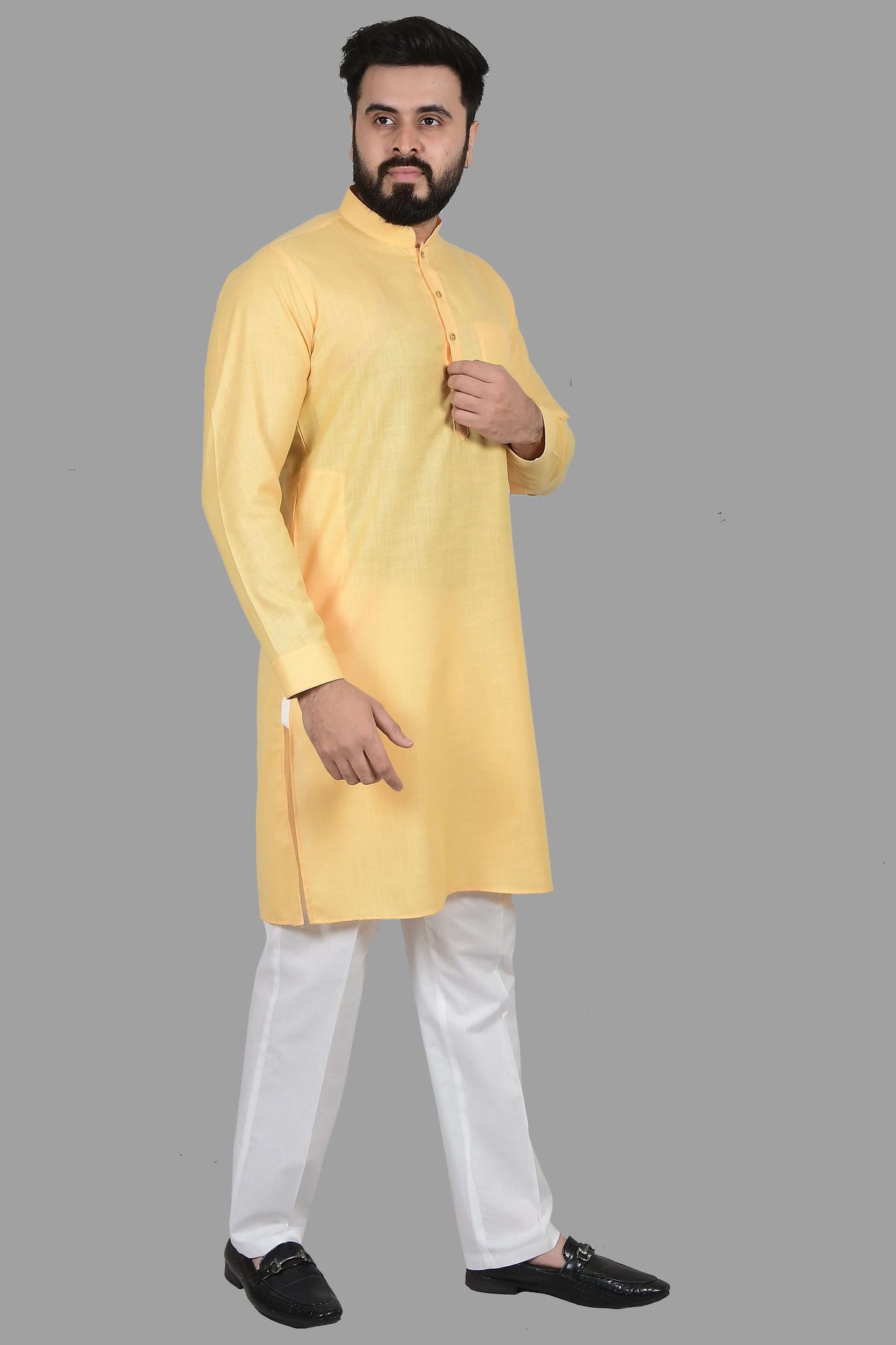 Solid yellow haldi kurta for Men which is made up of premium cotton is perfect for haldi, pooja, traditional and wedding functions. Shop this solid yellow haldi wedding cotton kurta for male from Crease India website.