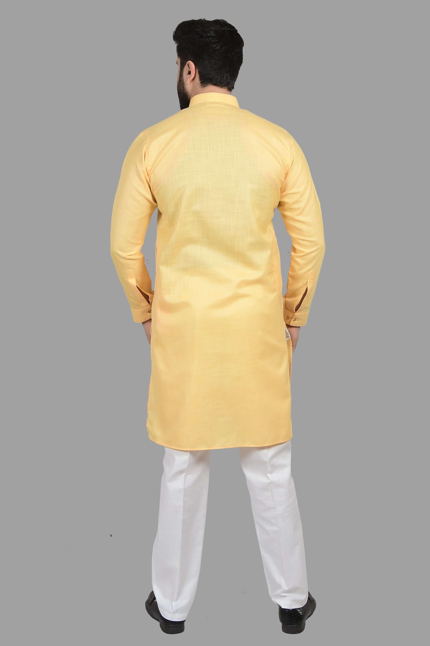 Solid yellow haldi kurta for Men which is made up of premium cotton is perfect for haldi, pooja, traditional and wedding functions. Shop this solid yellow haldi wedding cotton kurta for male from Crease India website.