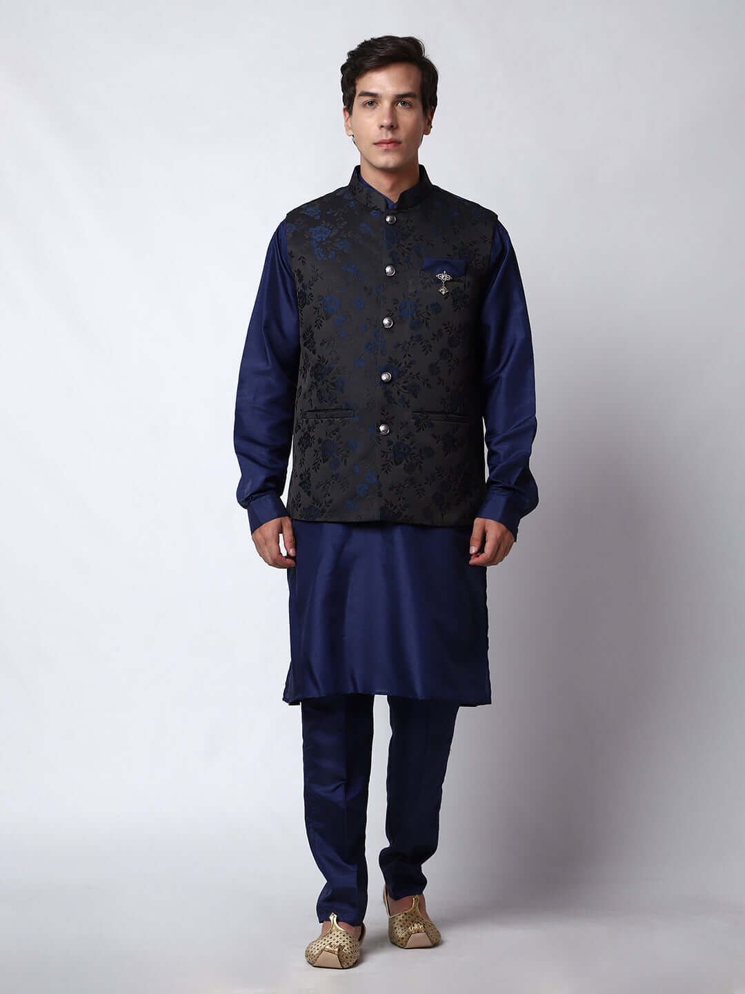 Navy Blue kurta with black nehru jacket for men which is made up of jacquard silk and has floral embroidery on it. Shop this navy blue designer wedding kurta jacket set for male from Crease India website.