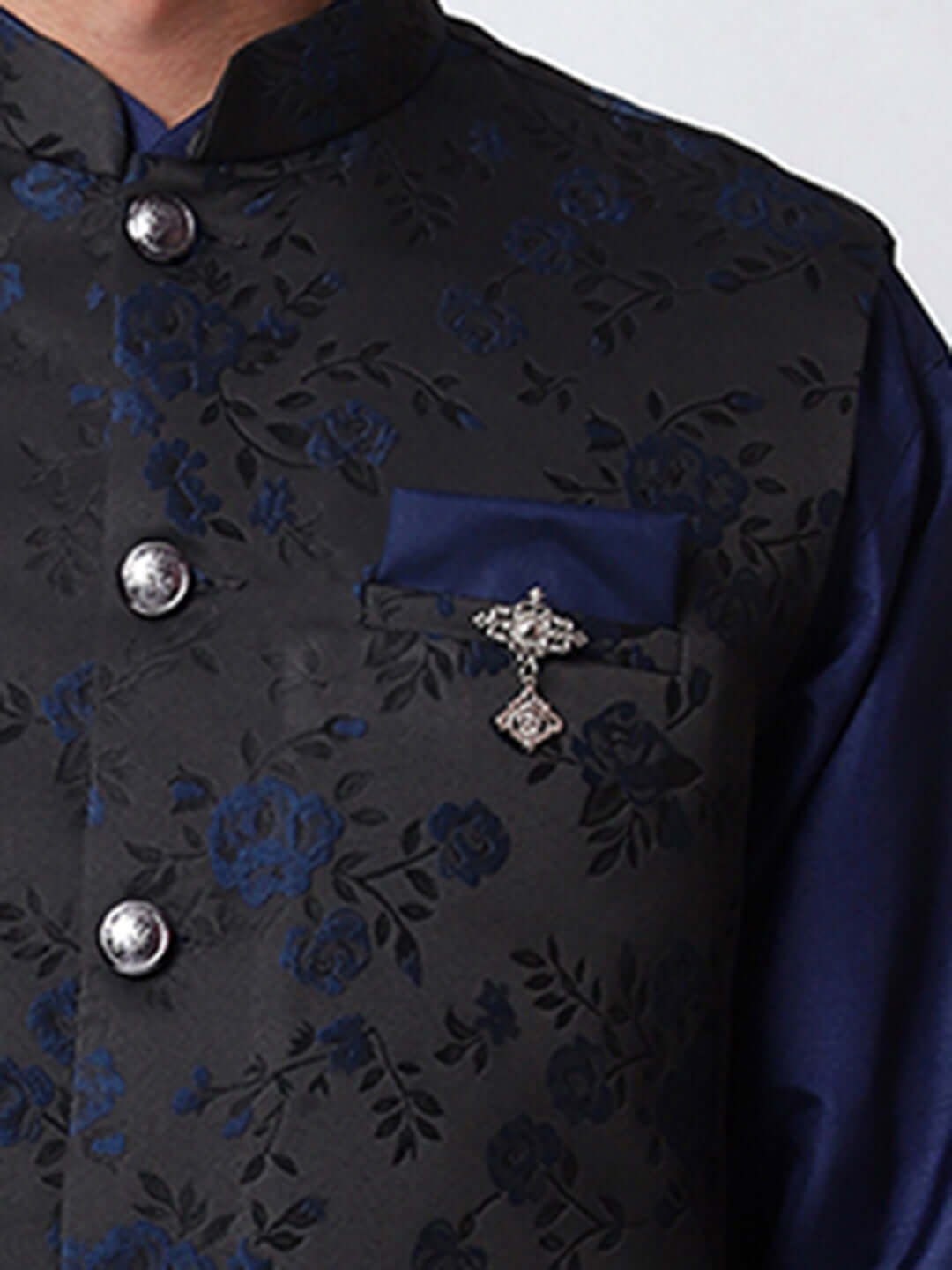 Navy Blue kurta with black nehru jacket for men which is made up of jacquard silk and has floral embroidery on it. Shop this navy blue designer wedding kurta jacket set for male from Crease India website.