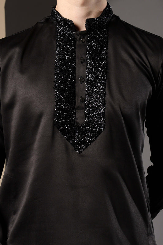 Pehsas Giza Satin Embellished Black Kurta for Men – classic black kurta for receptions and festive parties by Crease India
