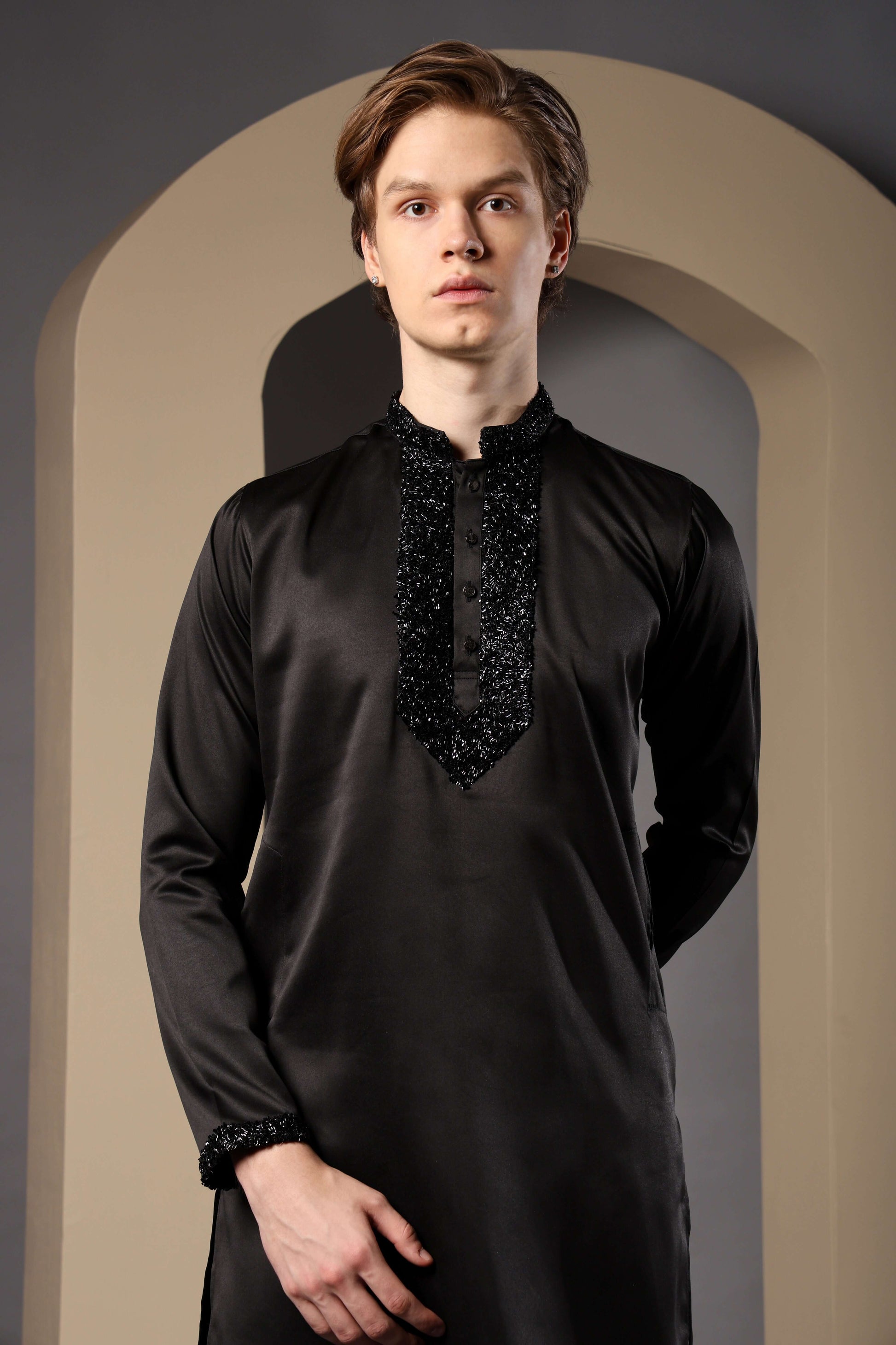 Pehsas Giza Satin Embellished Black Kurta for Men – classic black kurta for receptions and festive parties by Crease India