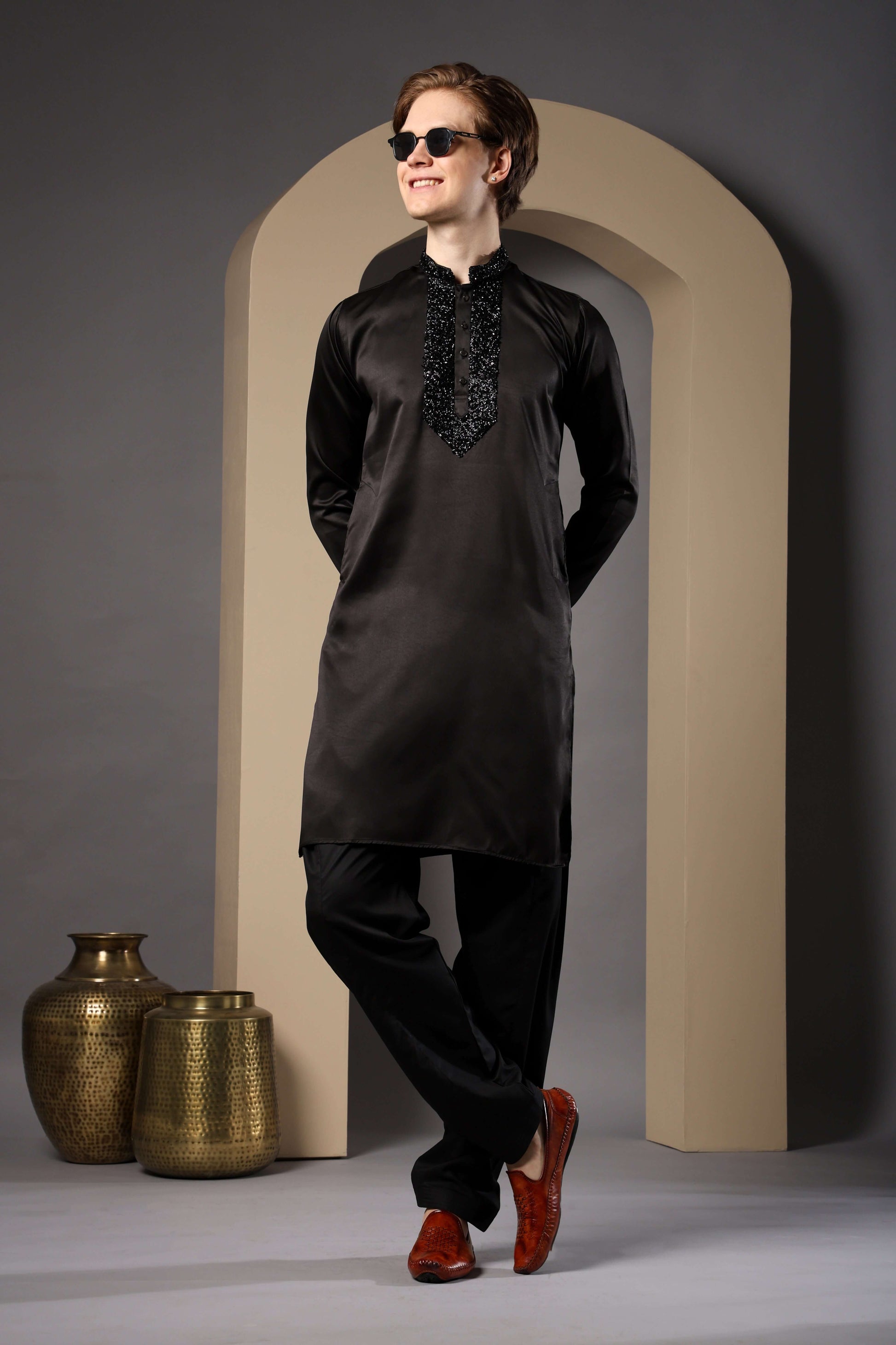 Pehsas Giza Satin Embellished Black Kurta for Men – classic black kurta for receptions and festive parties by Crease India