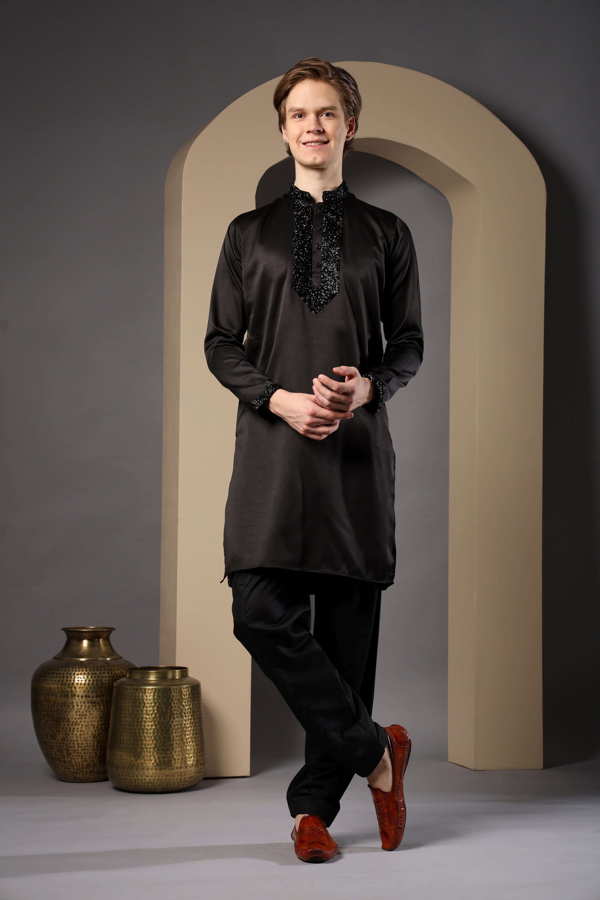 Pehsas Giza Satin Embellished Black Kurta for Men – classic black kurta for receptions and festive parties by Crease India