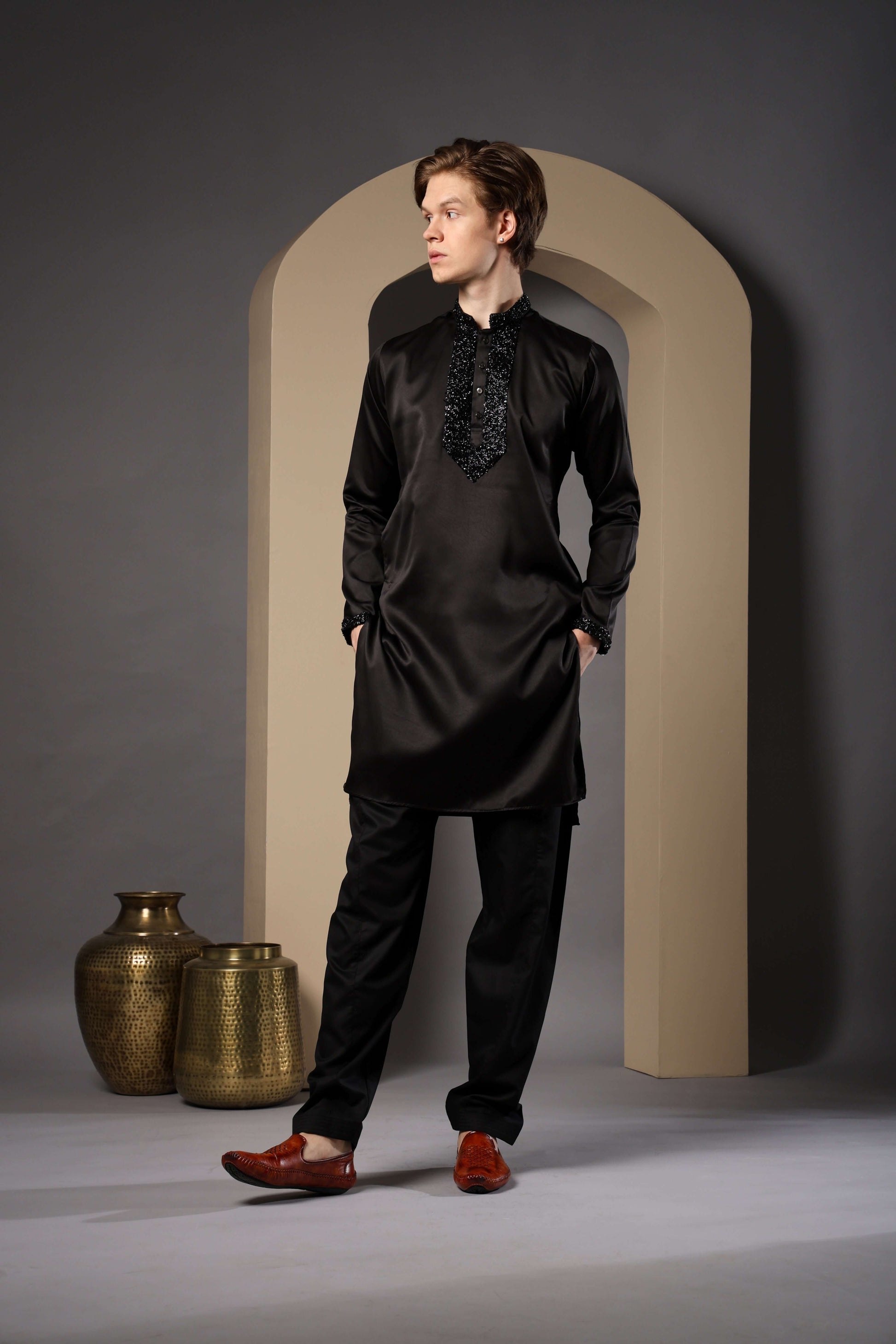 Pehsas Giza Satin Embellished Black Kurta for Men – classic black kurta for receptions and festive parties by Crease India