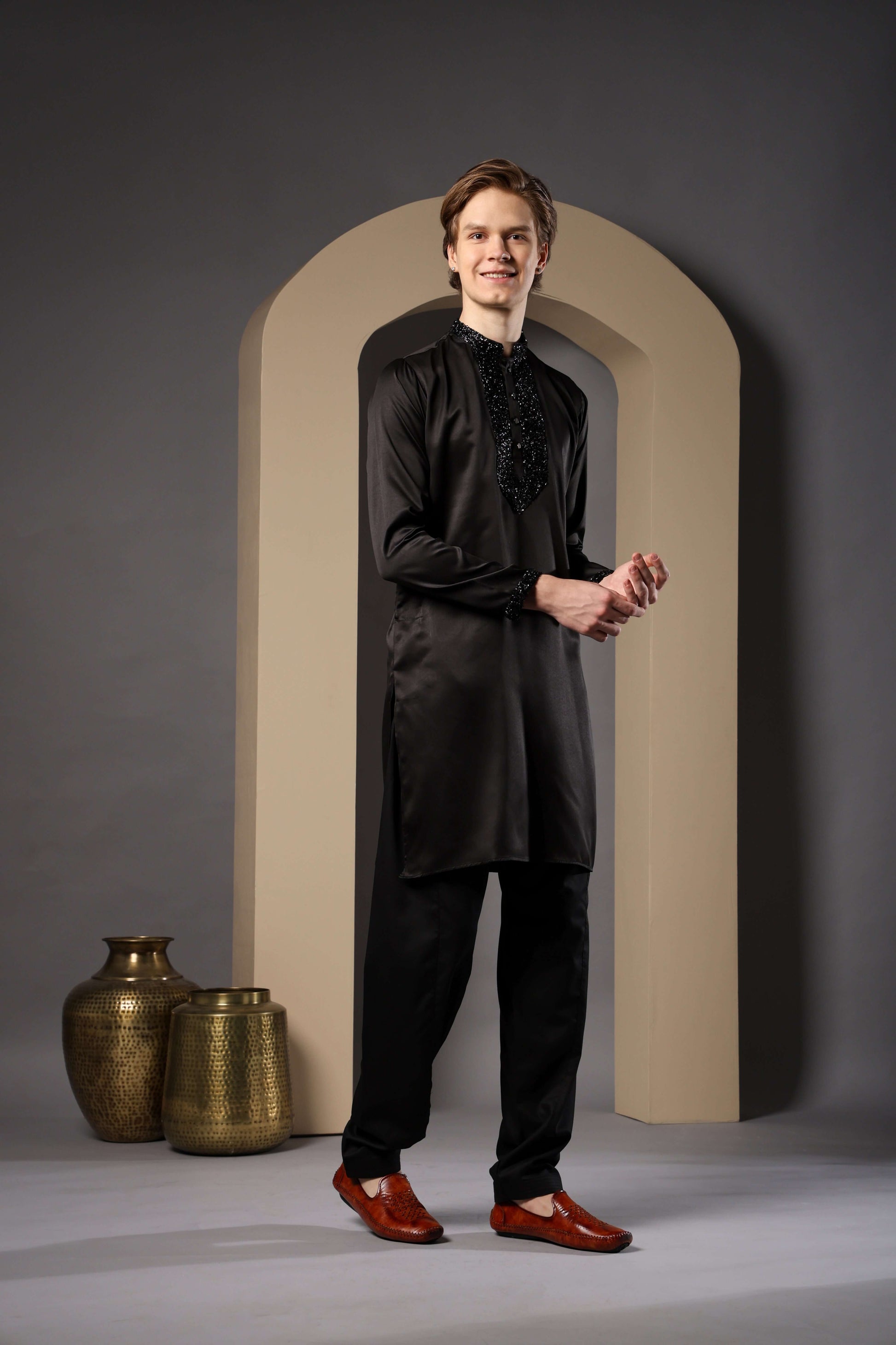 Pehsas Giza Satin Embellished Black Kurta for Men – classic black kurta for receptions and festive parties by Crease India