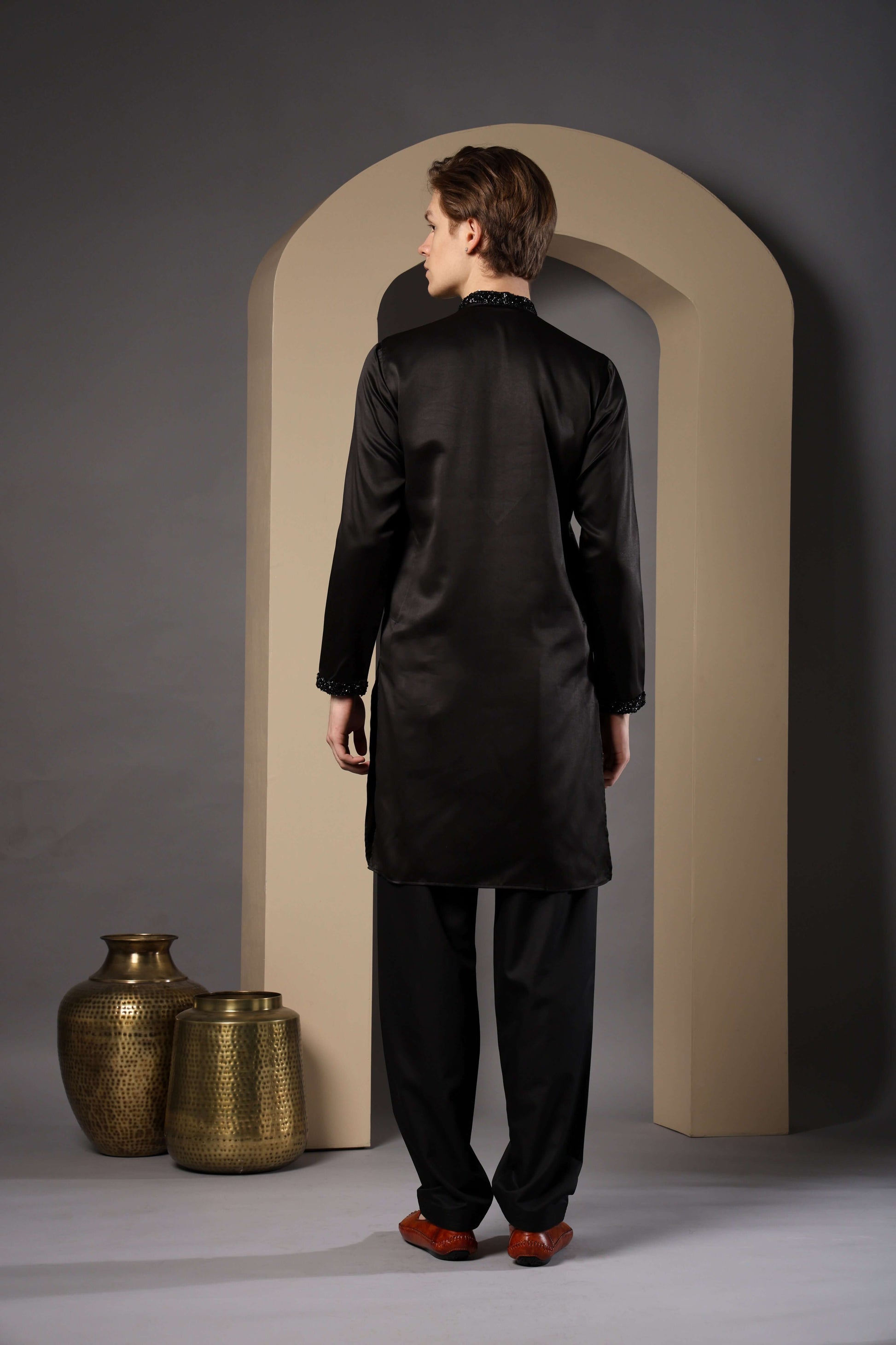Pehsas Giza Satin Embellished Black Kurta for Men – classic black kurta for receptions and festive parties by Crease India