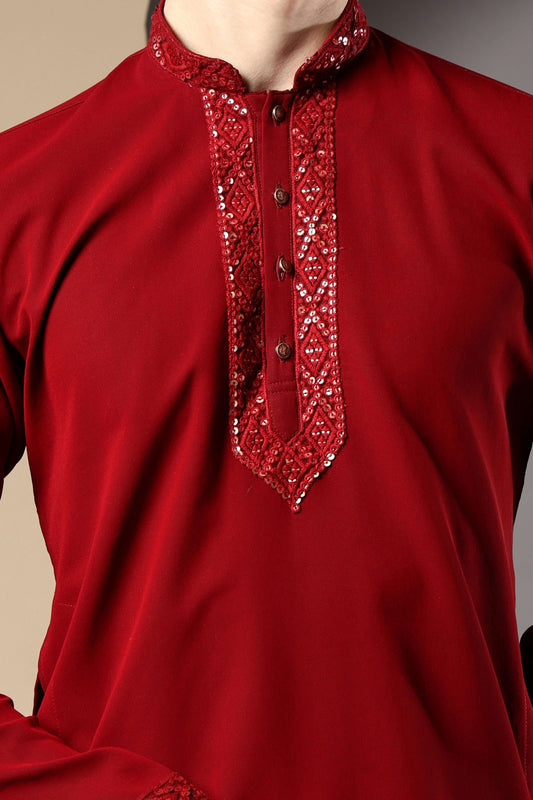 Pehsas Red Georgette Kurta for Men – bold red kurta for cocktail nights, sangeet function and religious events by Crease India