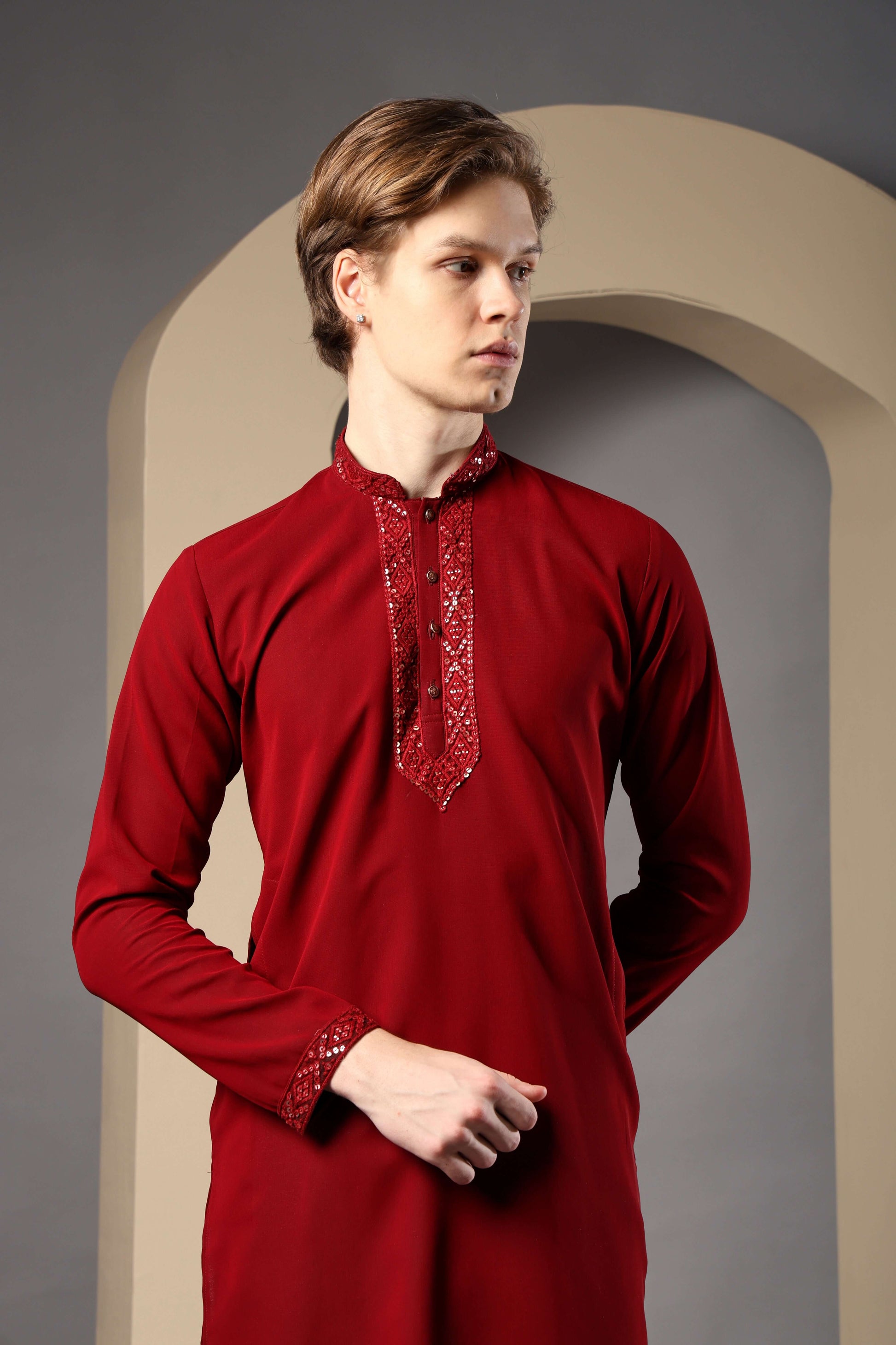 Pehsas Red Georgette Kurta for Men – bold red kurta for cocktail nights, sangeet function and religious events by Crease India