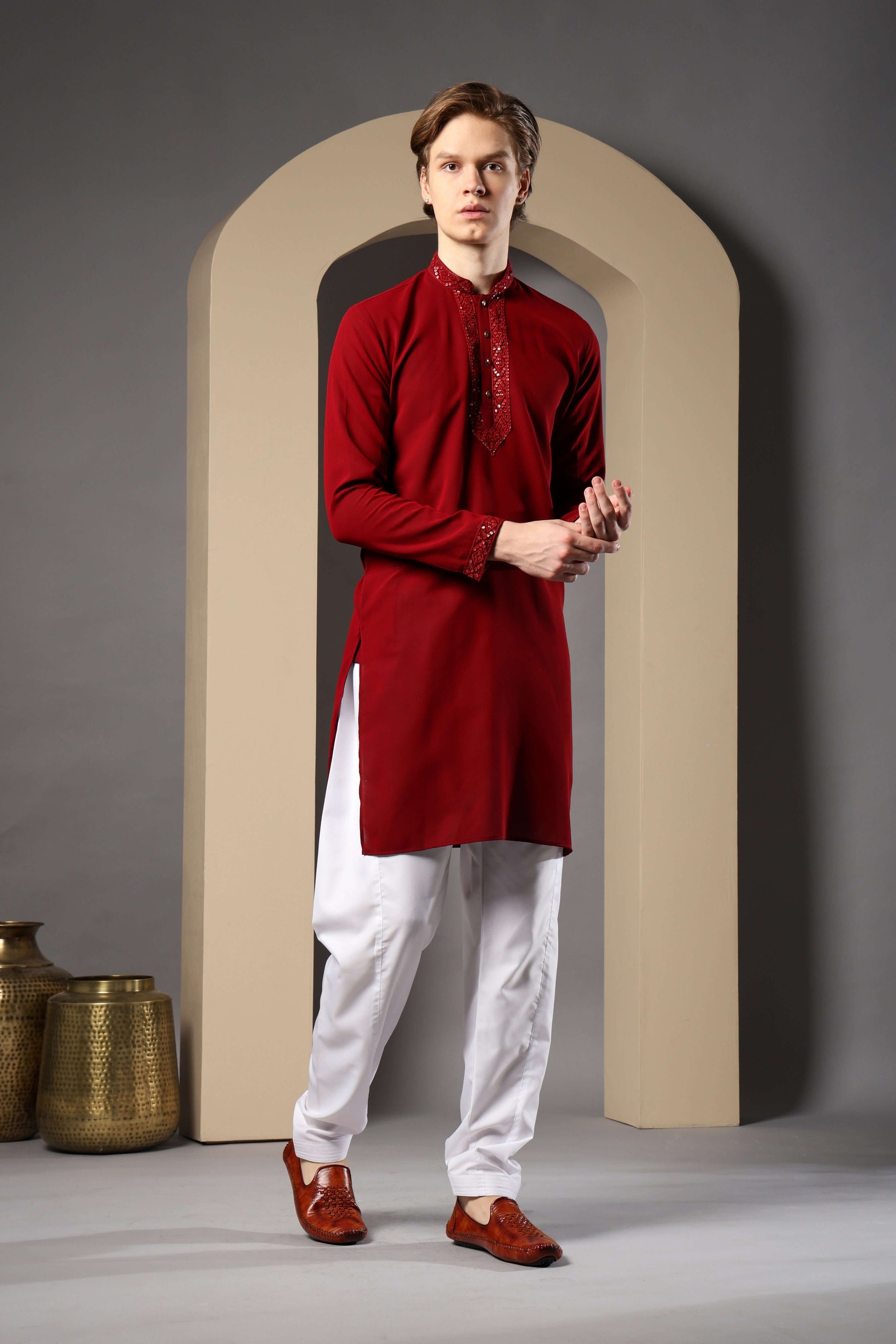 Pehsas Red Georgette Kurta for Men – bold red kurta for cocktail nights, sangeet function and religious events by Crease India