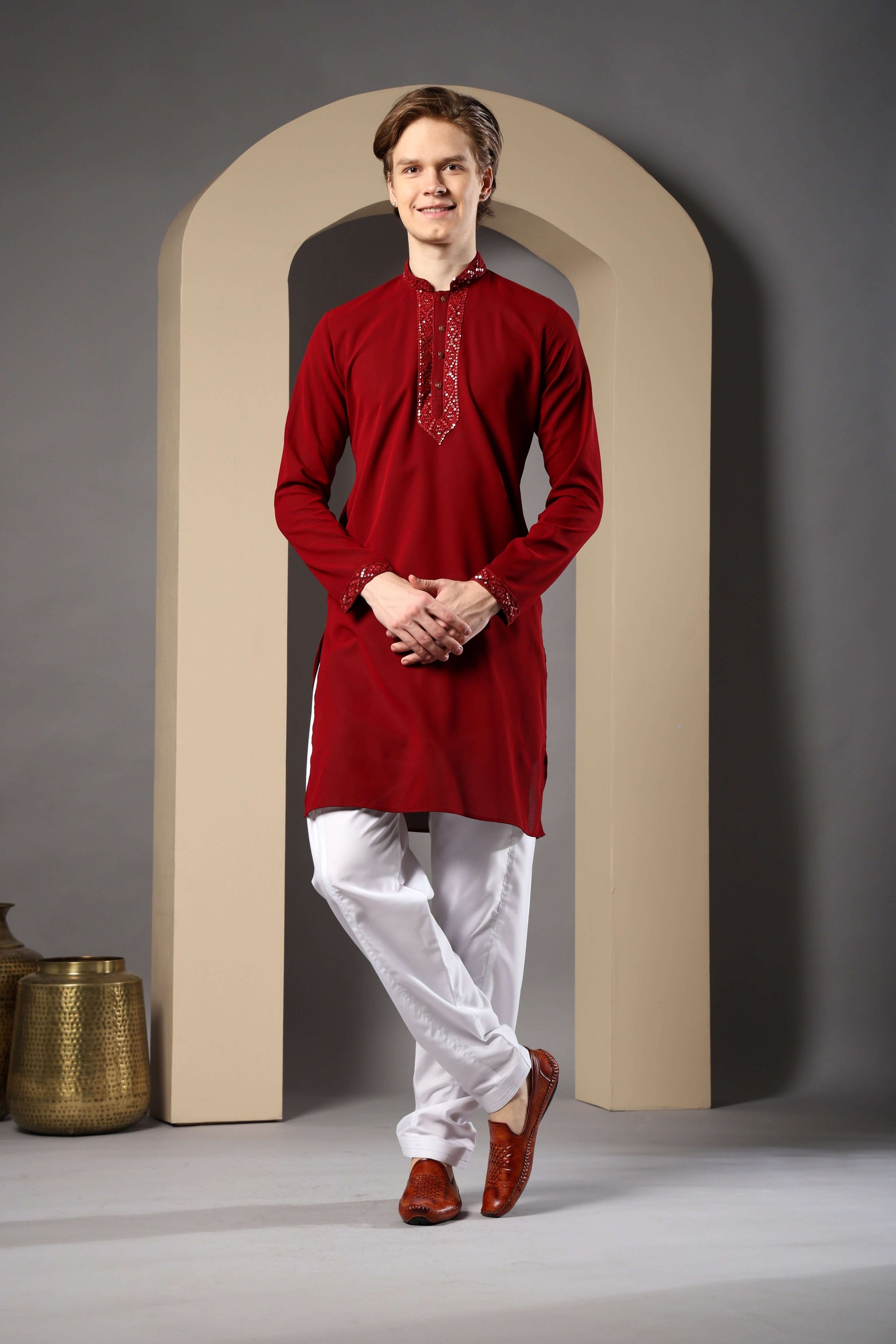 Pehsas Red Georgette Kurta for Men – bold red kurta for cocktail nights, sangeet function and religious events by Crease India
