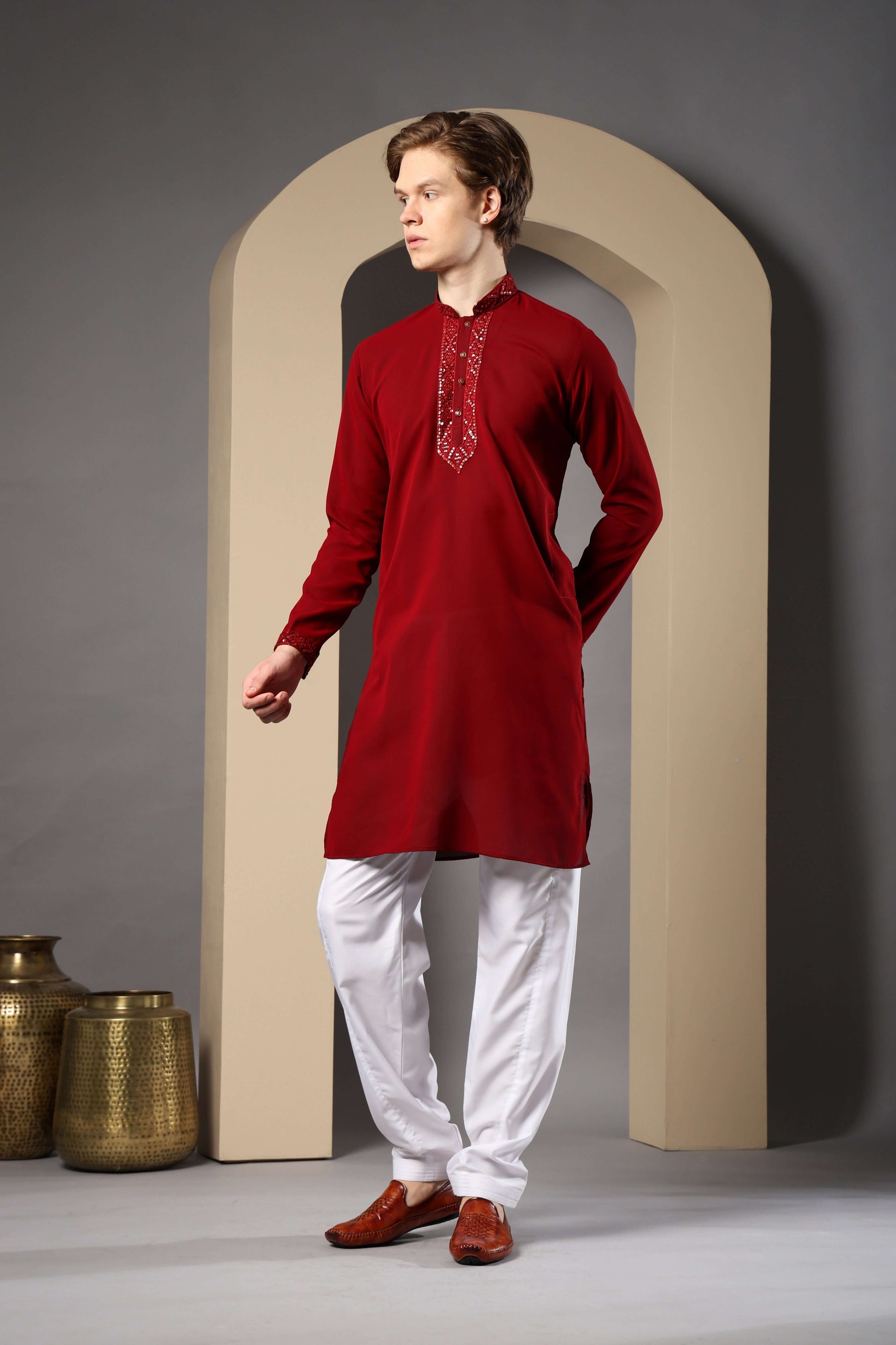 Pehsas Red Georgette Kurta for Men – bold red kurta for cocktail nights, sangeet function and religious events by Crease India