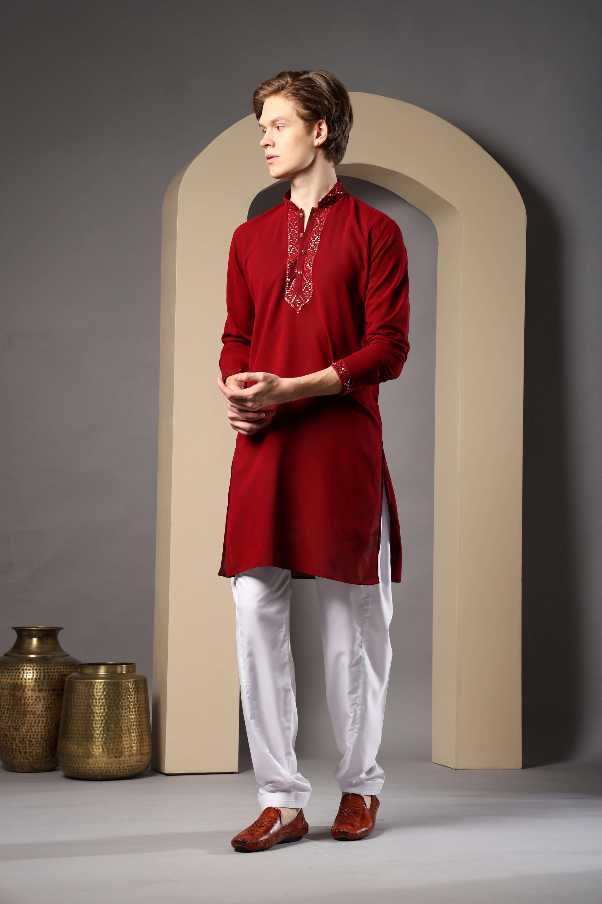 Pehsas Red Georgette Kurta for Men – bold red kurta for cocktail nights, sangeet function and religious events by Crease India