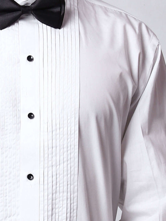 White Pintex Designer Tuxedo Shirt for Men which is made up of cotton and has wing tip collar with french cuffs. Perfect designer formal wear white tuxedo shirt for weddings and black tie events by Crease India.