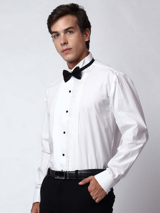 White Pintex Designer Tuxedo Shirt for Men which is made up of cotton and has wing tip collar with french cuffs. Perfect designer formal wear white tuxedo shirt for weddings and black tie events by Crease India.