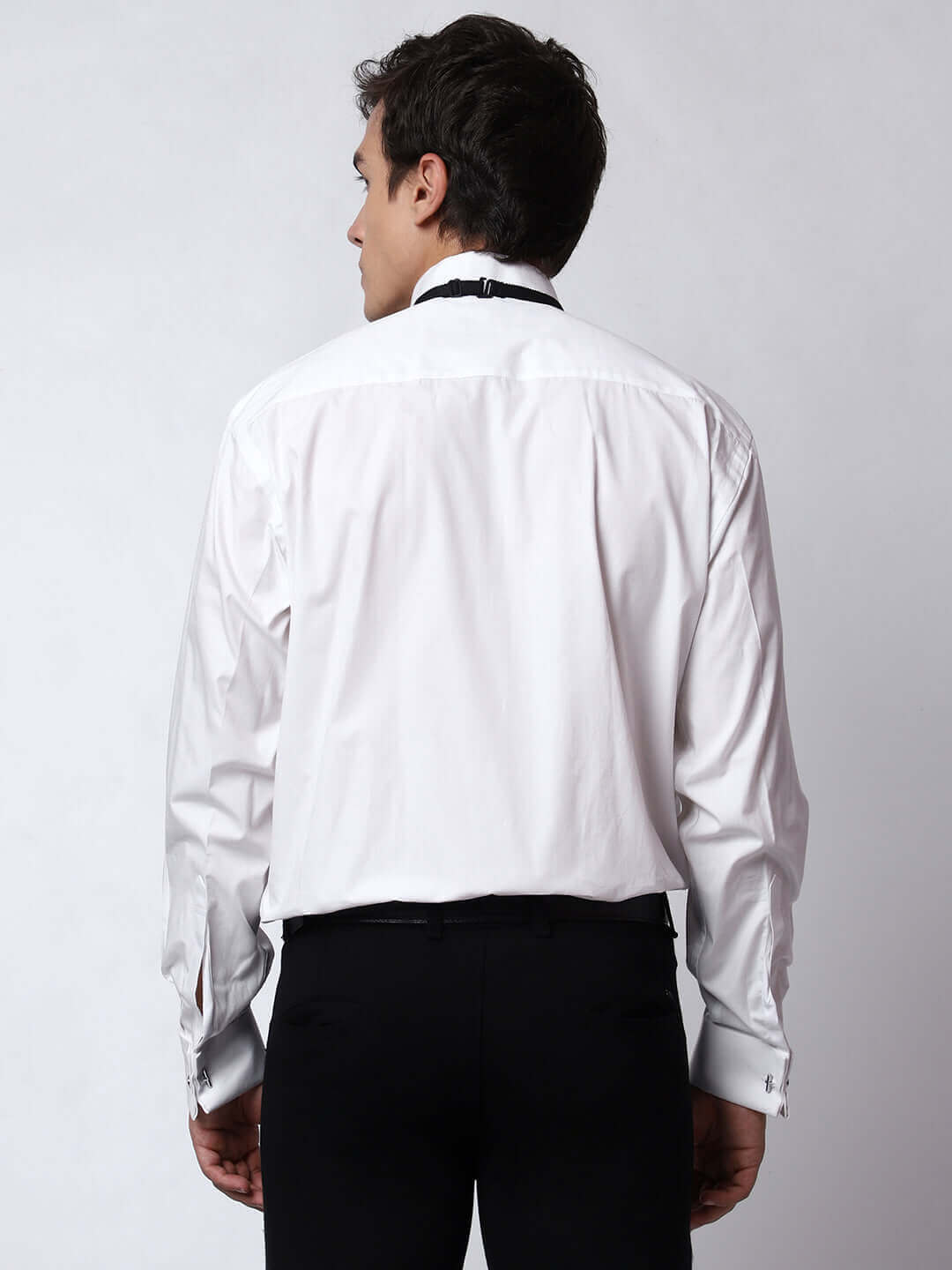 White Pintex Designer Tuxedo Shirt for Men which is made up of cotton and has wing tip collar with french cuffs. Perfect designer formal wear white tuxedo shirt for weddings and black tie events by Crease India.