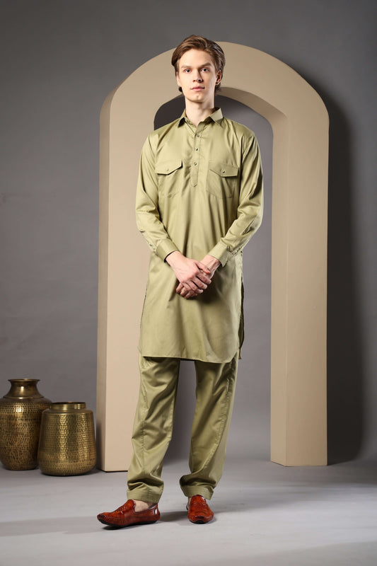 Pista Green Pathani Kurta for Men by Crease India – perfect men's pathani kurta for eid, friday prayers, dinner parties & even dailywear. Shop men's pista green pathani kurta online.