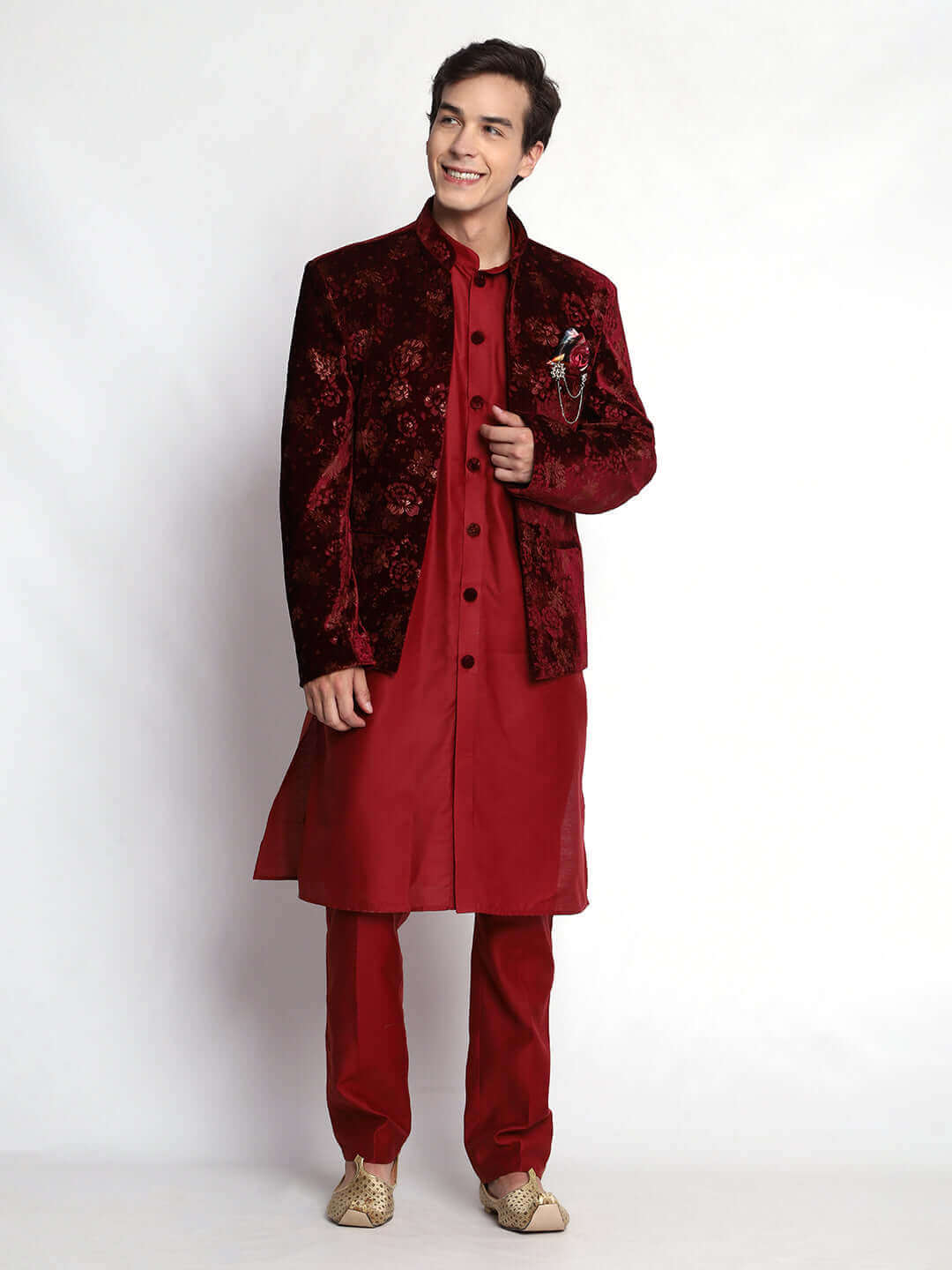 Crimson Red Velvet Indo Western Dress for Men - 36 Crimson Red Velvet Indo Western Dress for Men - 36