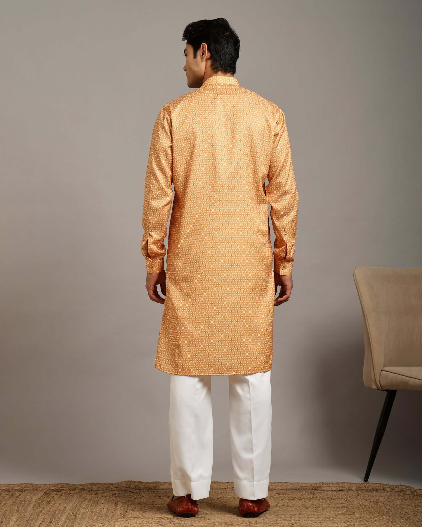 Sama Satin Printed Yellow Kurta for Men