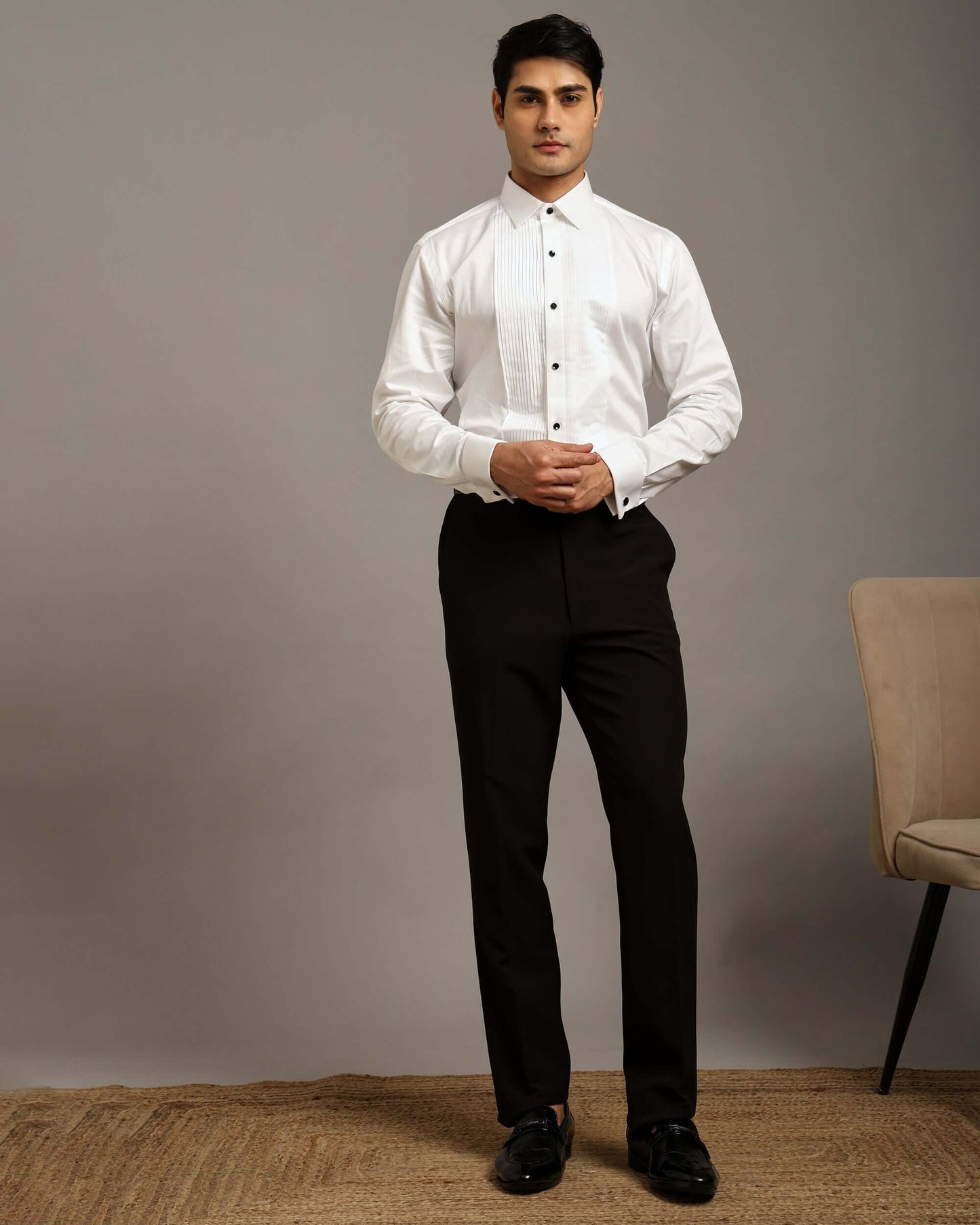 Classic Pintex White Tuxedo Shirt with Spread Collar and French Cuffs