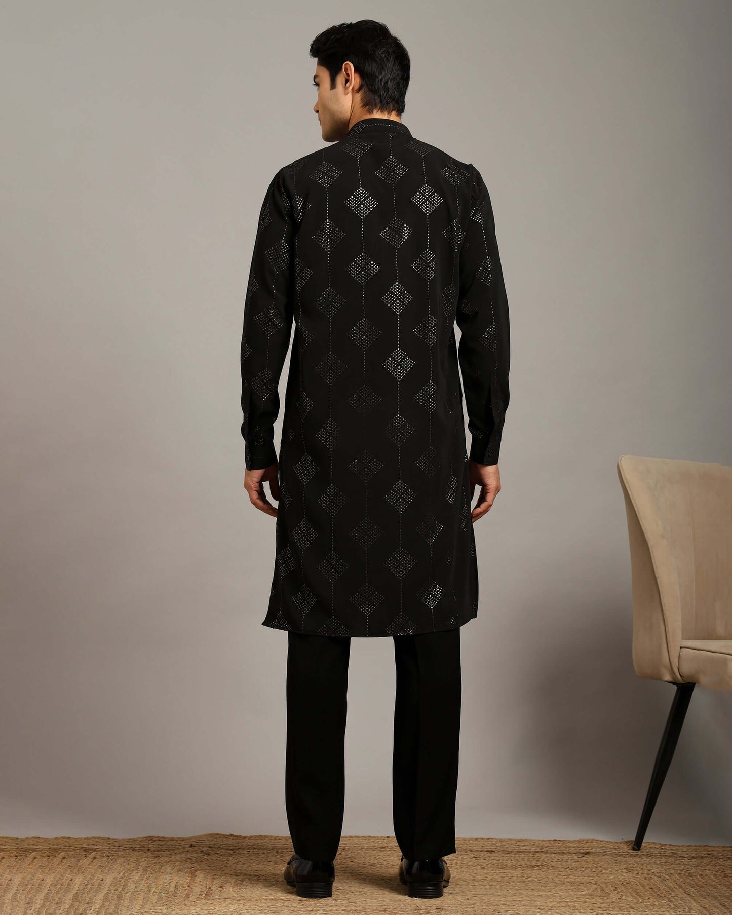 Aarv Printed Black Sangeet Kurta for Men