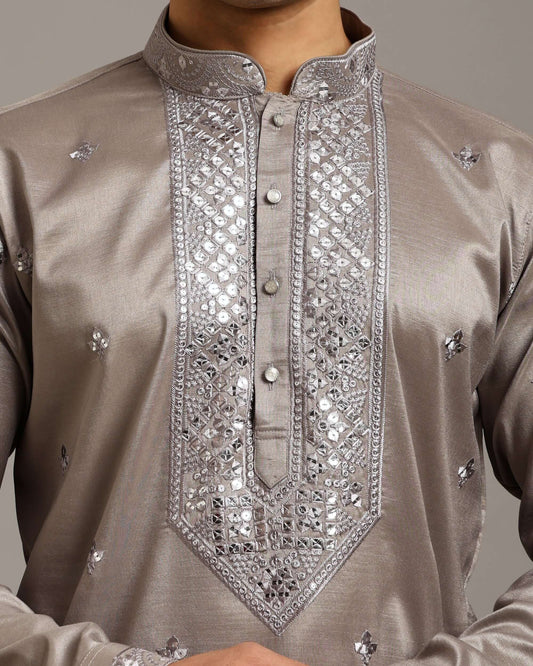 Noor Silver Grey Reception Kurta for Men with Embroidery Work
