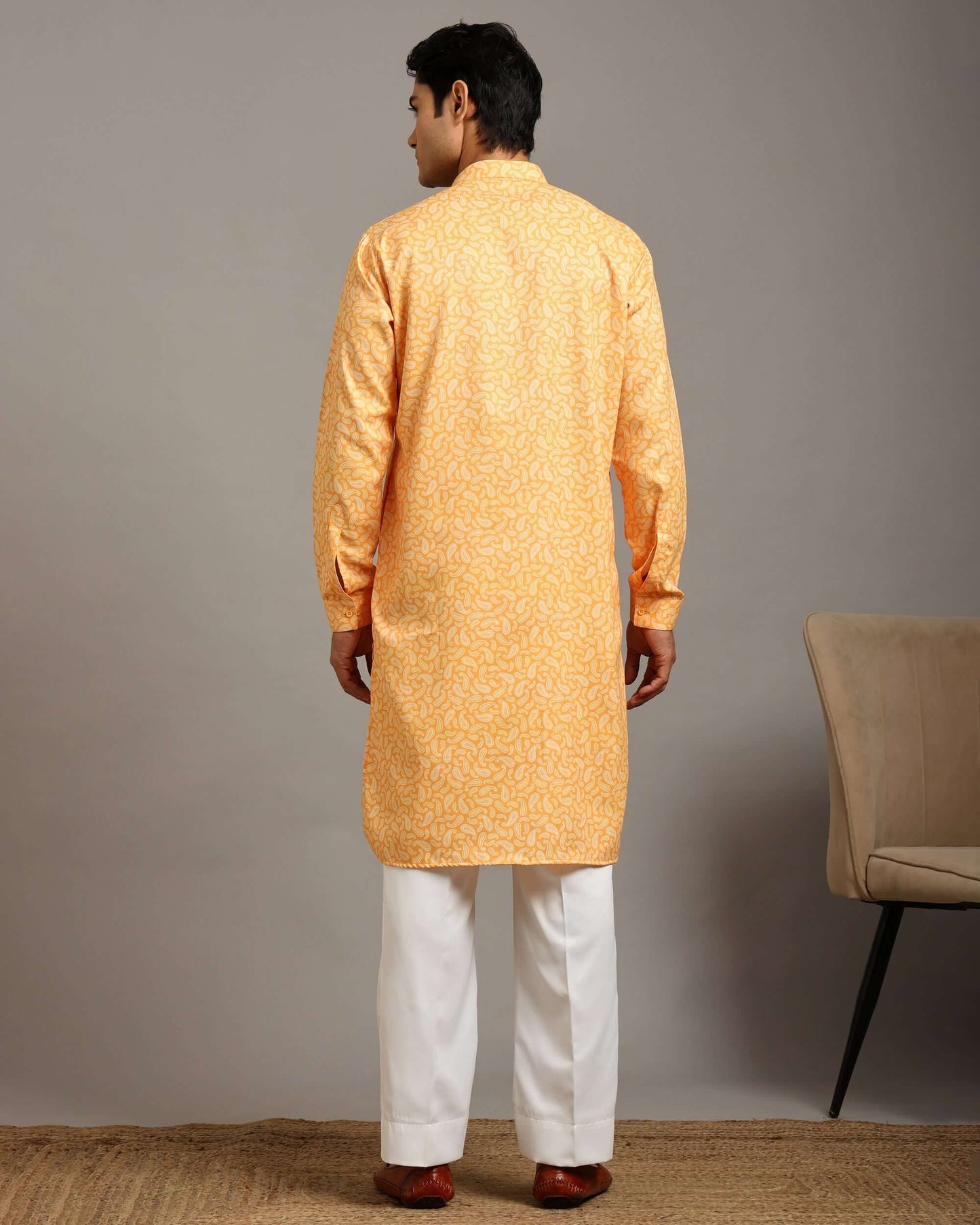 Sama Satin Printed Mustard Yellow Kurta for Men