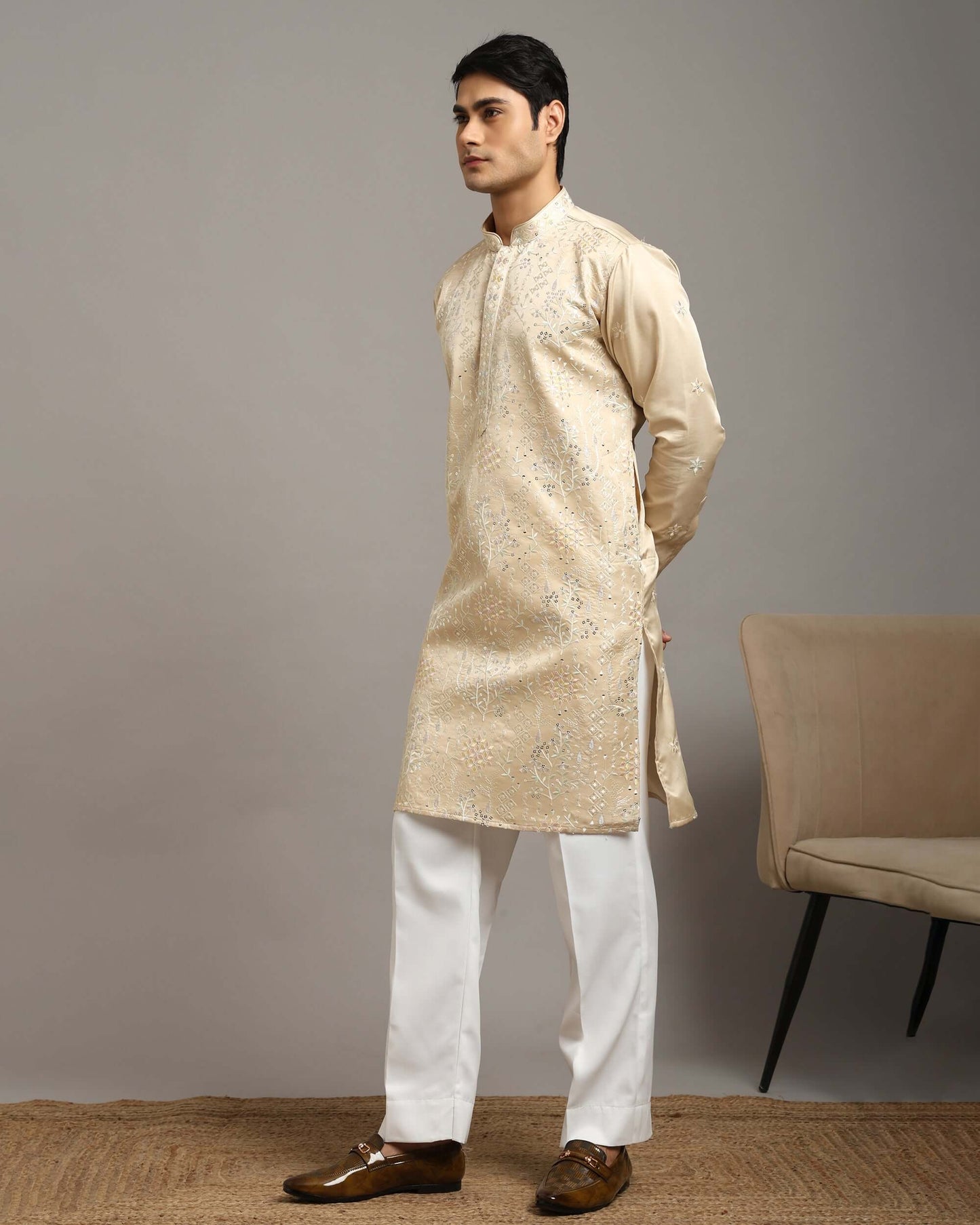 Ira Floral Embroidery Engagement Champagne Kurta for Men