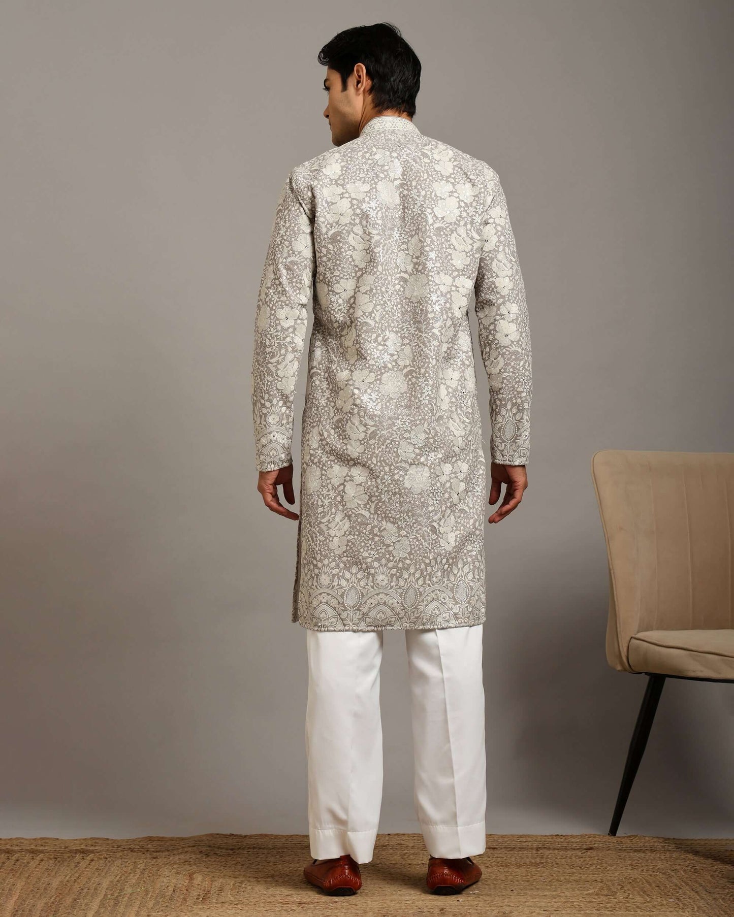 Silver Grey Floral Embroidered Georgette Wedding Kurta for Men