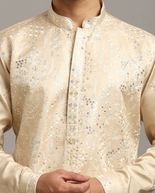 Ira Floral Embroidery Engagement Champagne Kurta for Men
