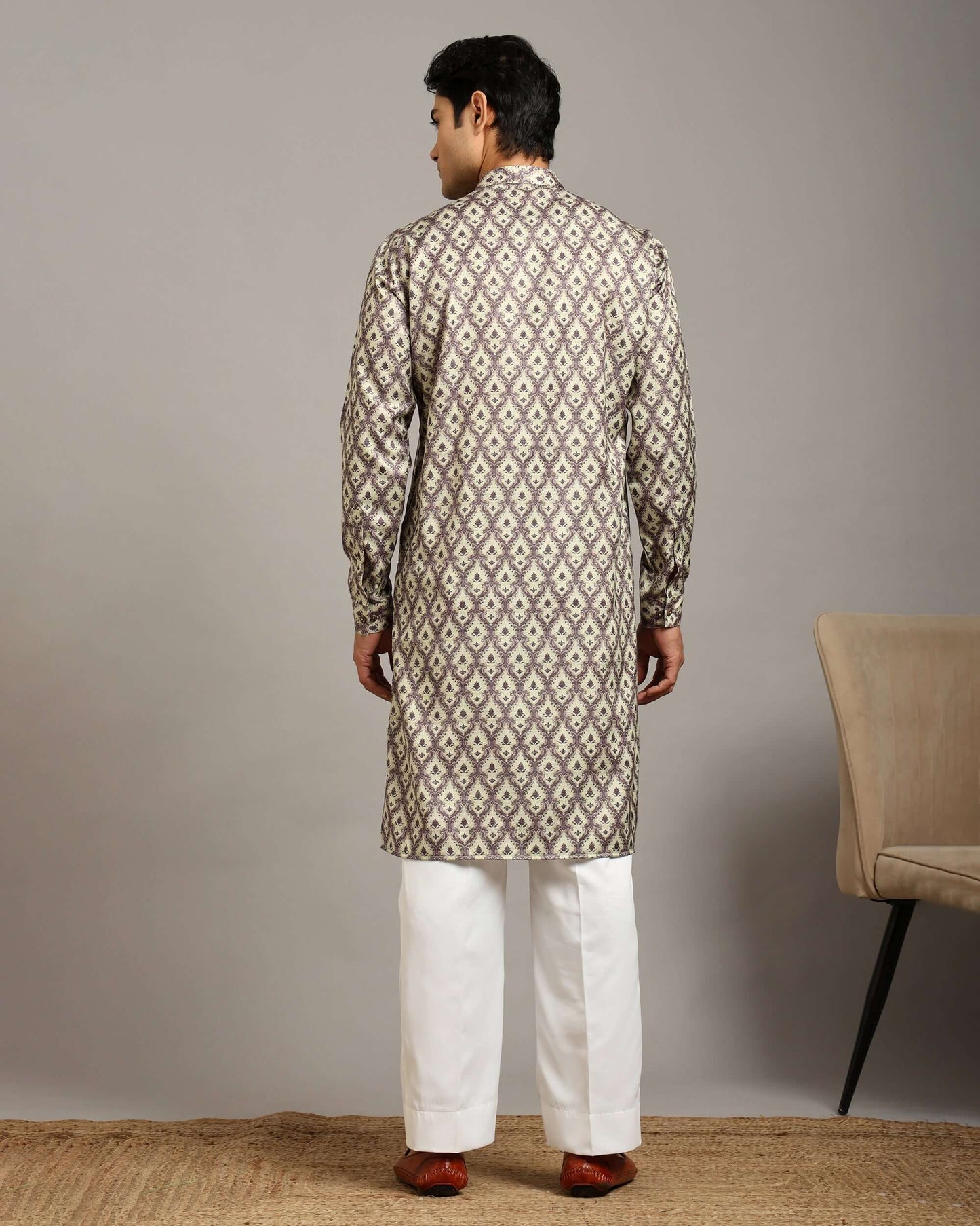 Sama Satin Printed Ivory Kurta for Men