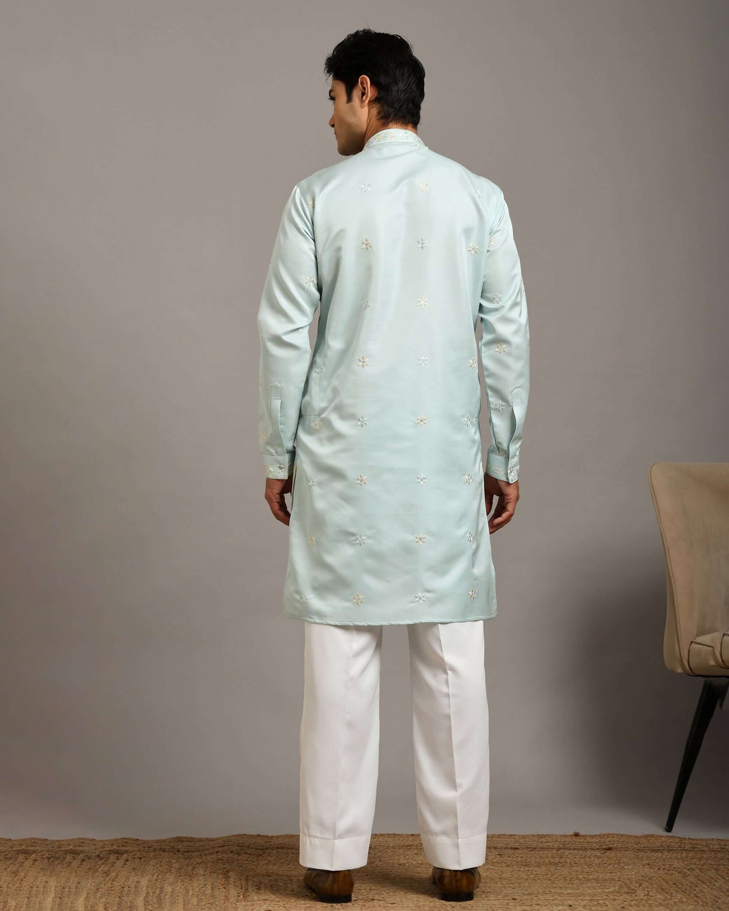 Ira Floral Embroidery Wedding Sky Blue Kurta for Men