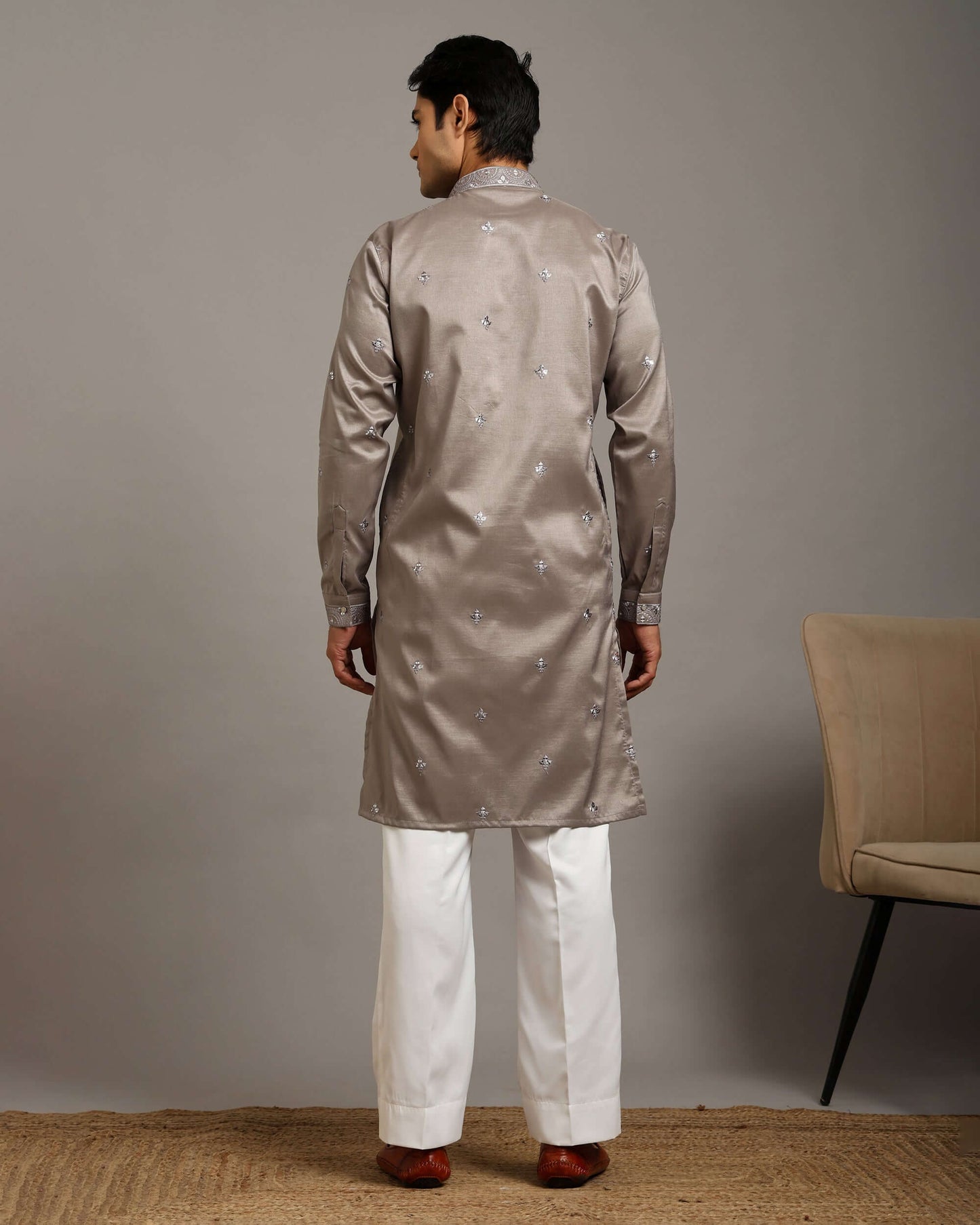 Noor Silver Grey Reception Kurta for Men with Embroidery Work