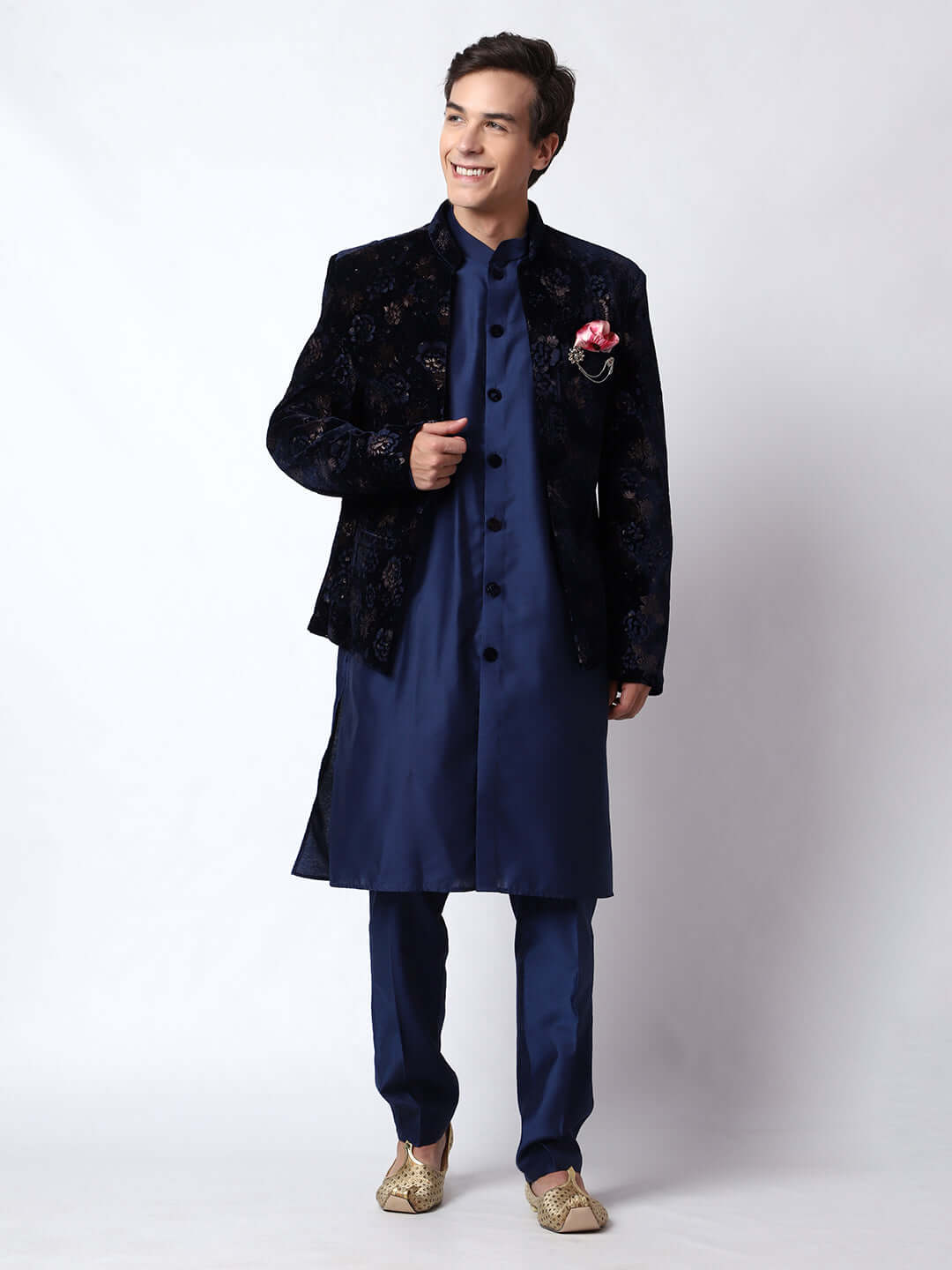 Mystique Blue Velvet Indo Western Dress for Men - Main Image