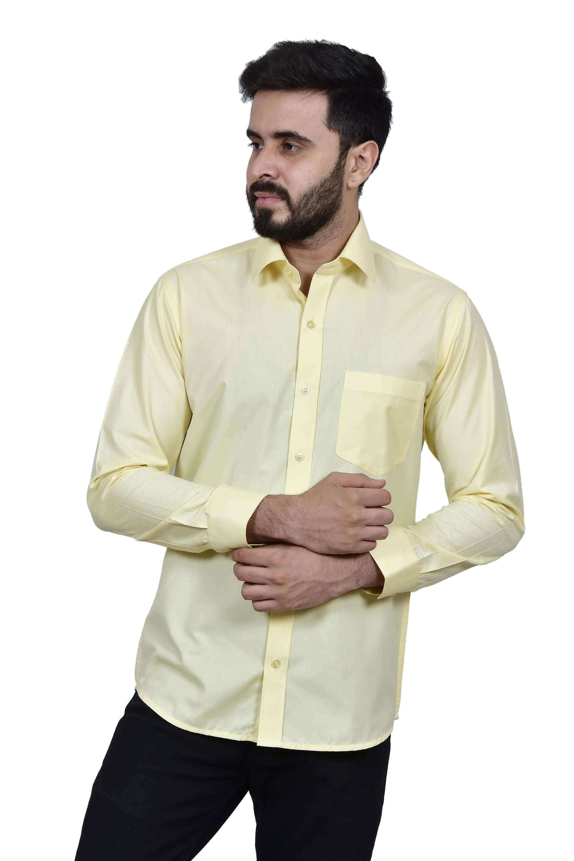 Yellow Formal Cotton Shirt for Men, made of high quality cotton. Perfect yellow formal wear cotton shirt for daily office wear and formal occasions by Crease India.