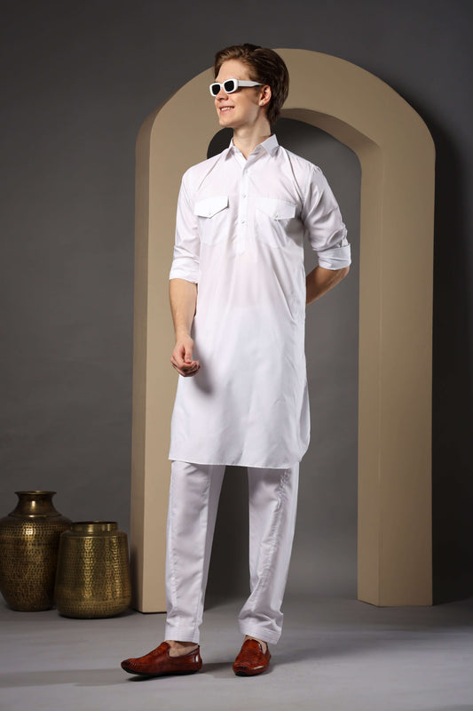 White Pathani Kurta for Men by Crease India – perfect men's pathani kurta for eid, friday prayers, dinner parties & even dailywear. Buy stylish men's white pathani kurta online.