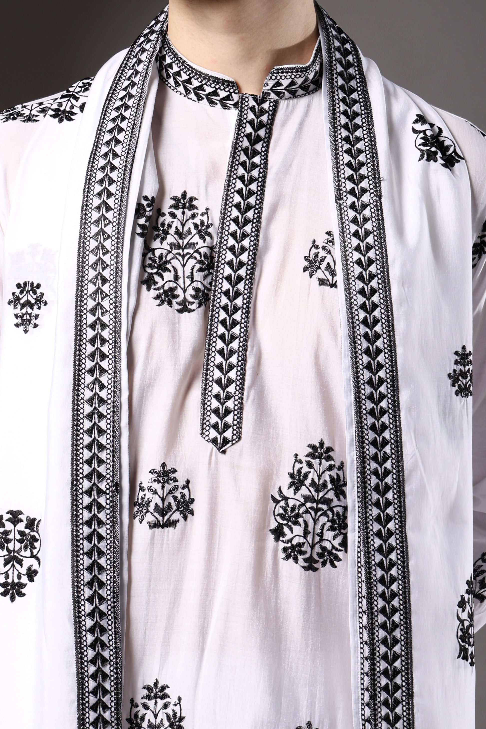 Kiya Silk Embroidered White Kurta with Dupatta for Men – traditional Indian white kurta set for grooms and pujas by Crease India