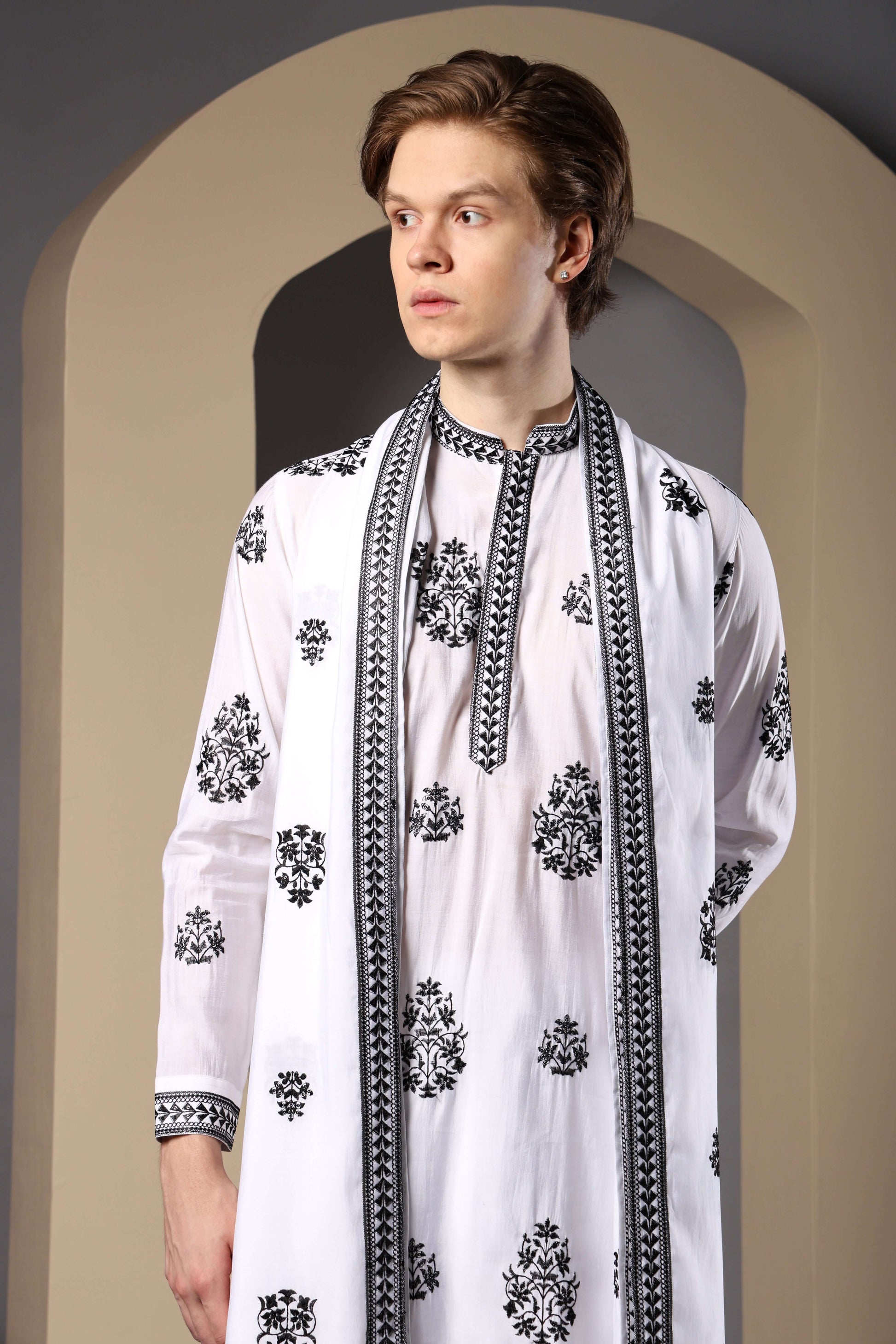 Kiya Silk Embroidered White Kurta with Dupatta for Men – traditional Indian white kurta set for grooms and pujas by Crease India