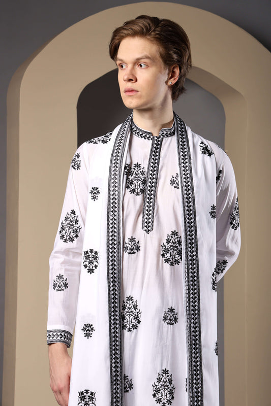 Kiya Silk Embroidered White Kurta with Dupatta for Men – traditional Indian white kurta set for grooms and pujas by Crease India