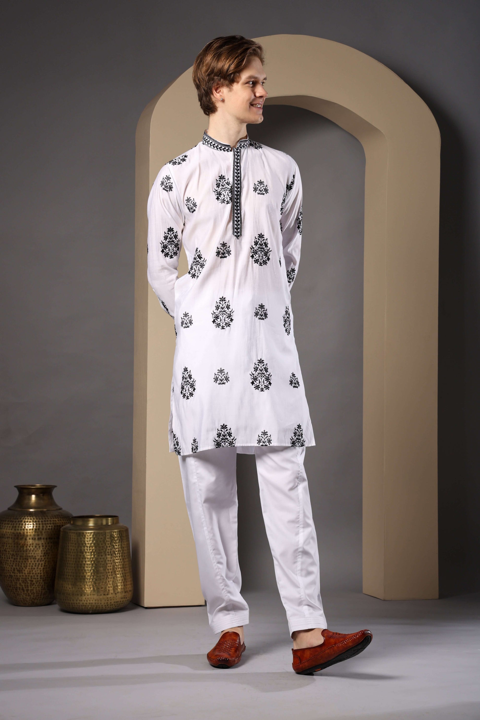 Kiya Silk Embroidered White Kurta with Dupatta for Men – traditional Indian white kurta set for grooms and pujas by Crease India