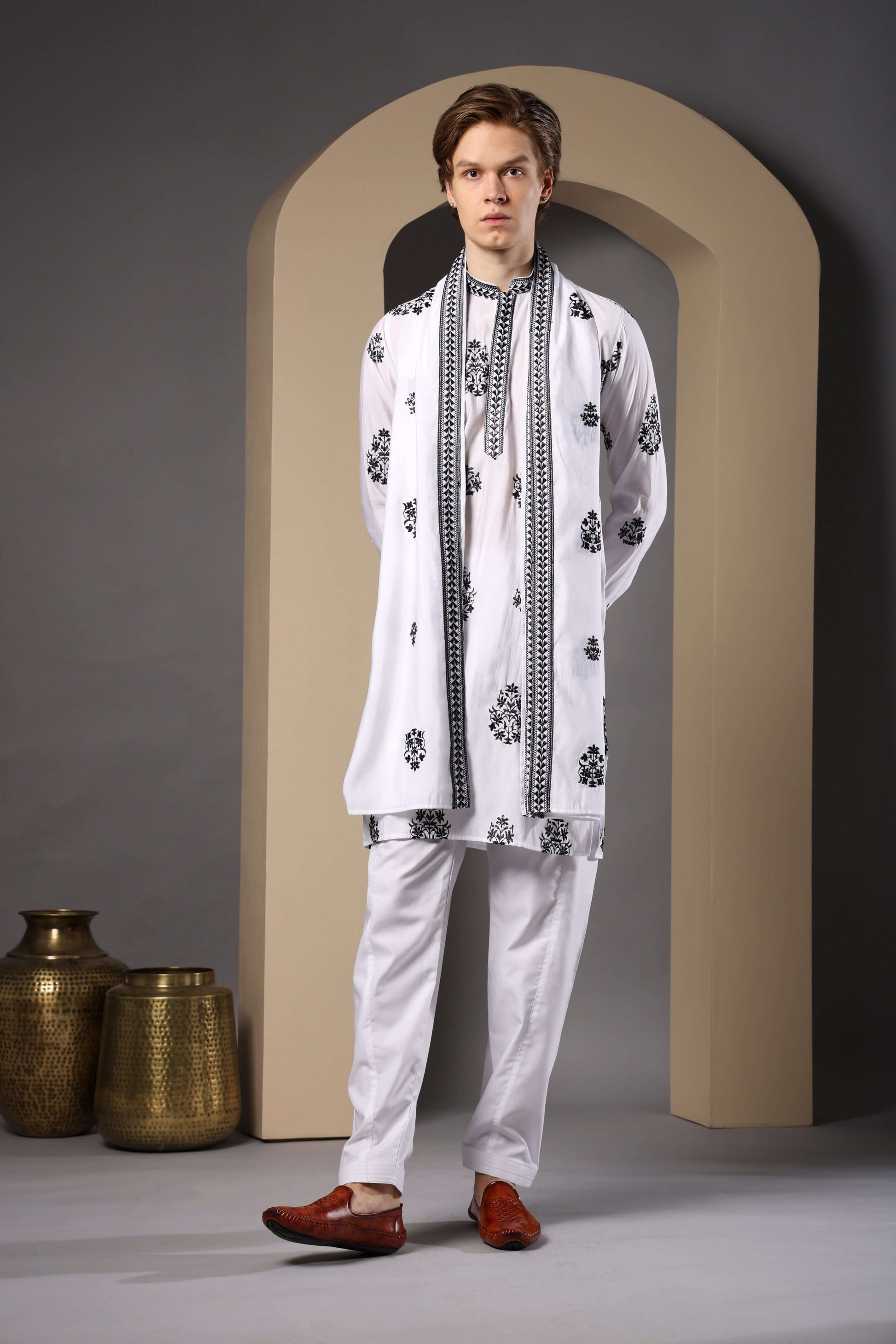 Kiya Silk Embroidered White Kurta with Dupatta for Men – traditional Indian white kurta set for grooms and guests by Crease India
