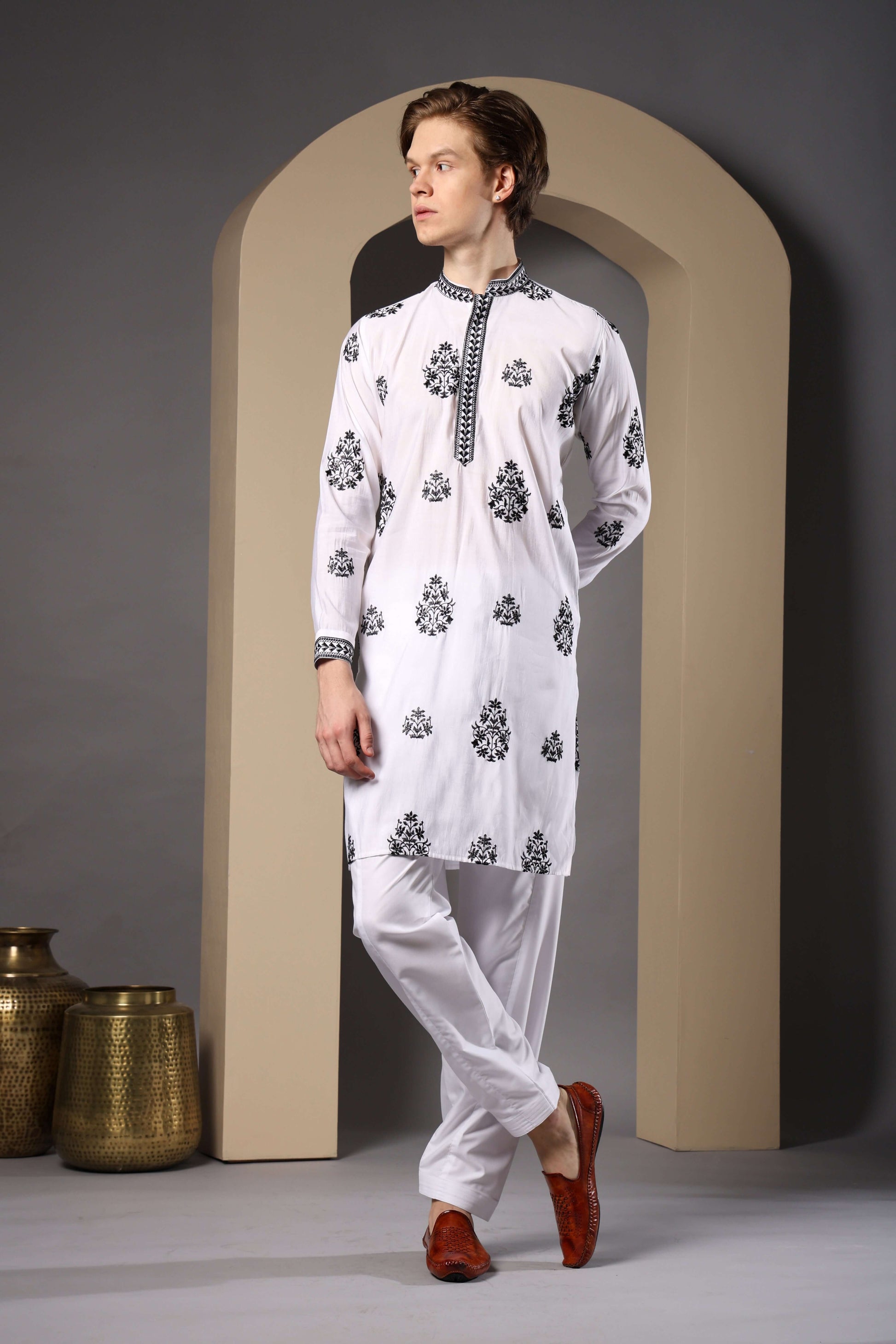 Kiya Silk Embroidered White Kurta with Dupatta for Men – traditional Indian white kurta set for grooms and pujas by Crease India